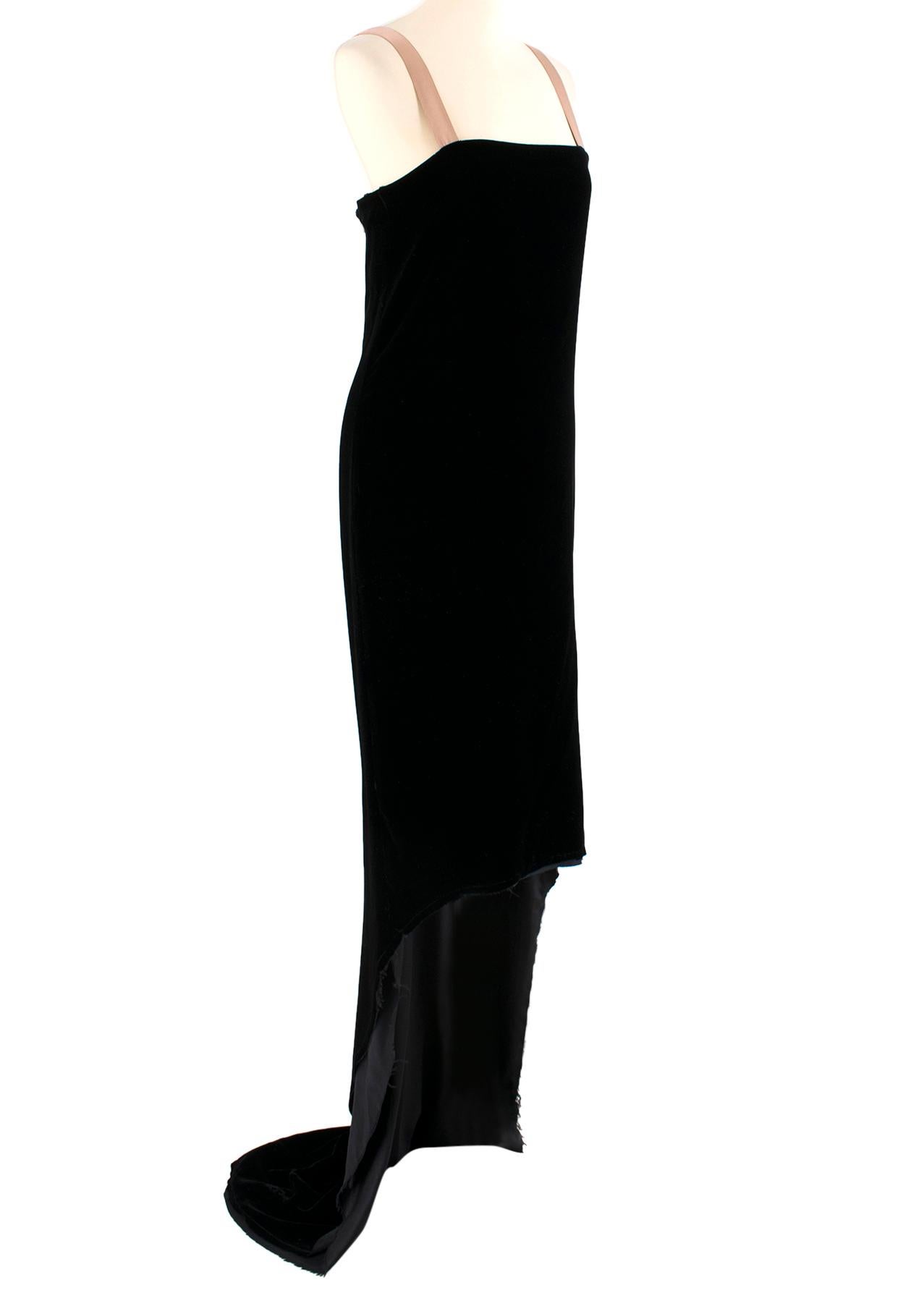 Lanvin by Alber Elbaz Black Velour Asymmetric Dress

- Long black velour dress
- Asymmetric length
- hidden zip fastening to the side
- Silk pink straps
- Raw trim

Approx:
Measurements are taken with the item lying flat, seam to seam.
Chest: 39