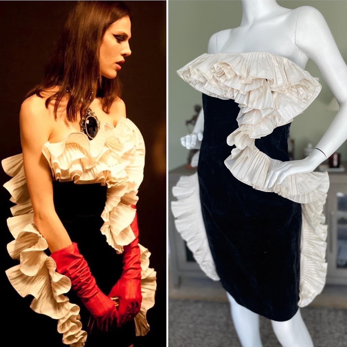 Lanvin by Alber Elbaz Black Cotton Velvet Dress with Dramatic White Ruffle Flounce from Fall 2012.
The Fall 2012 collection was celebrating Alber Elbaz 10 year anniversary at Lanvin.
 So beautiful, much prettier in person.
Size 44, it runs large and