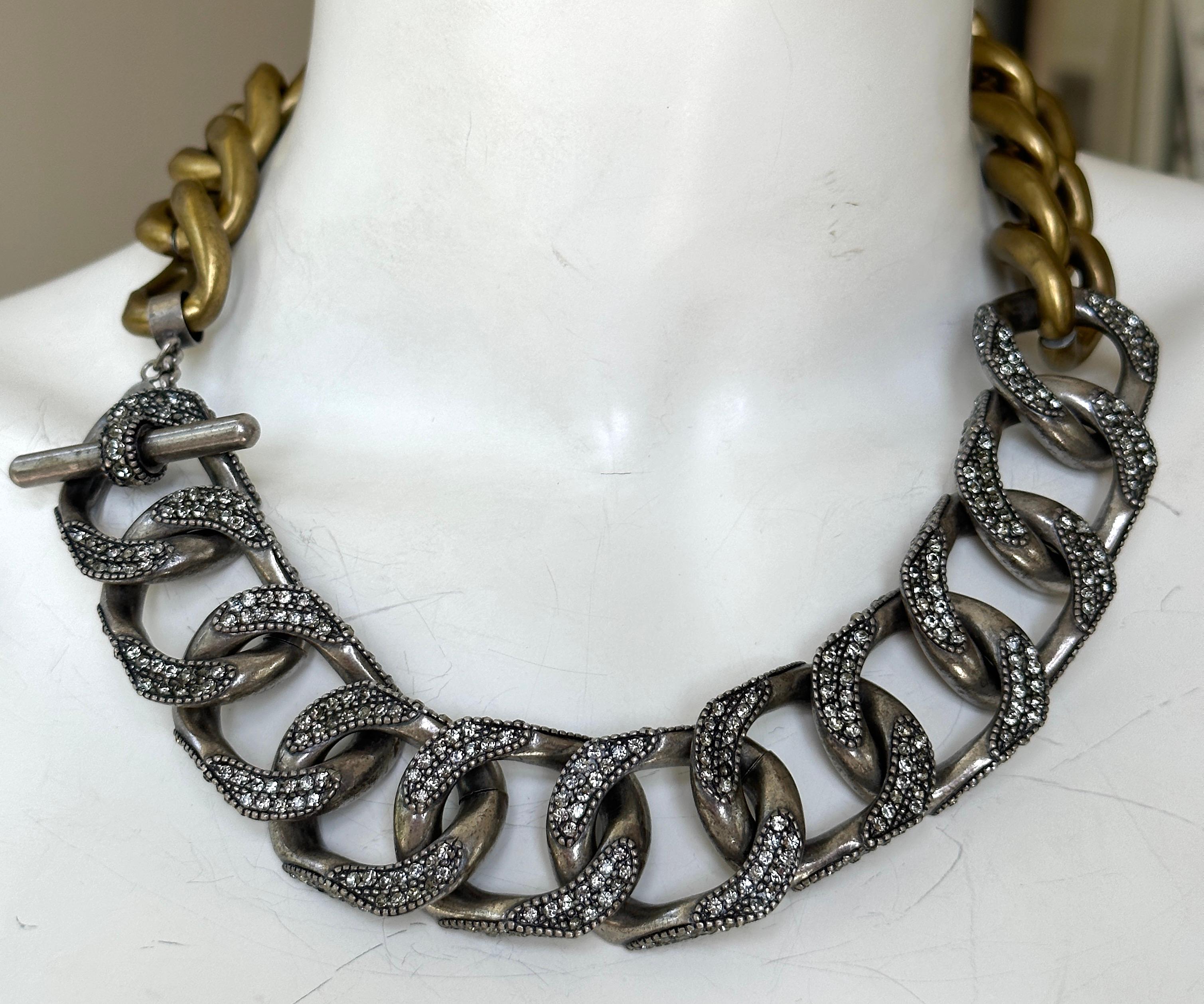 Lanvin by Alber Elbaz Chunky Two Tone Chain Necklace with Crystal Details For Sale 1
