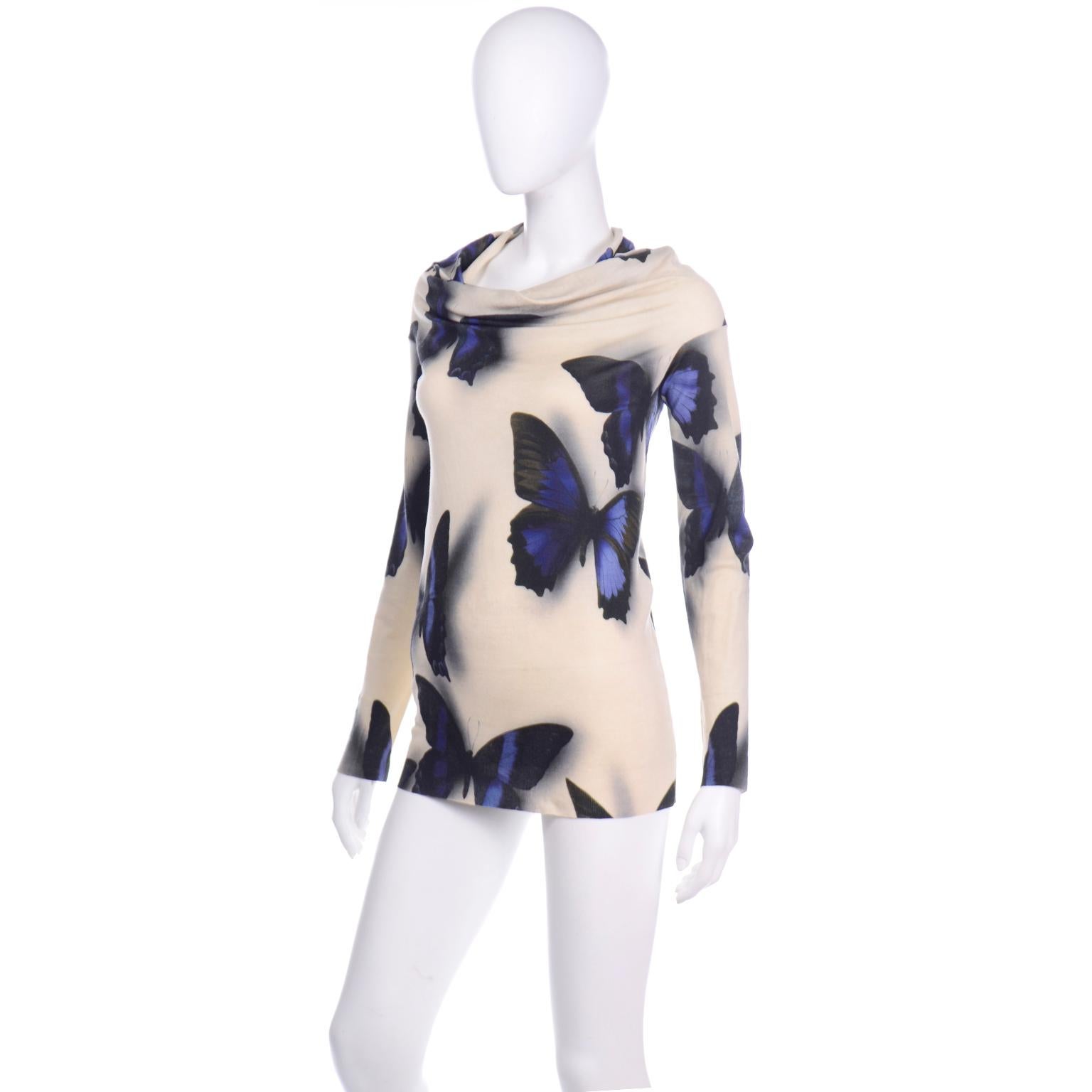 Lanvin by Alber Elbaz Tiefblauer Pullover mit Schmetterlings Schatten in Creme (Weiß)