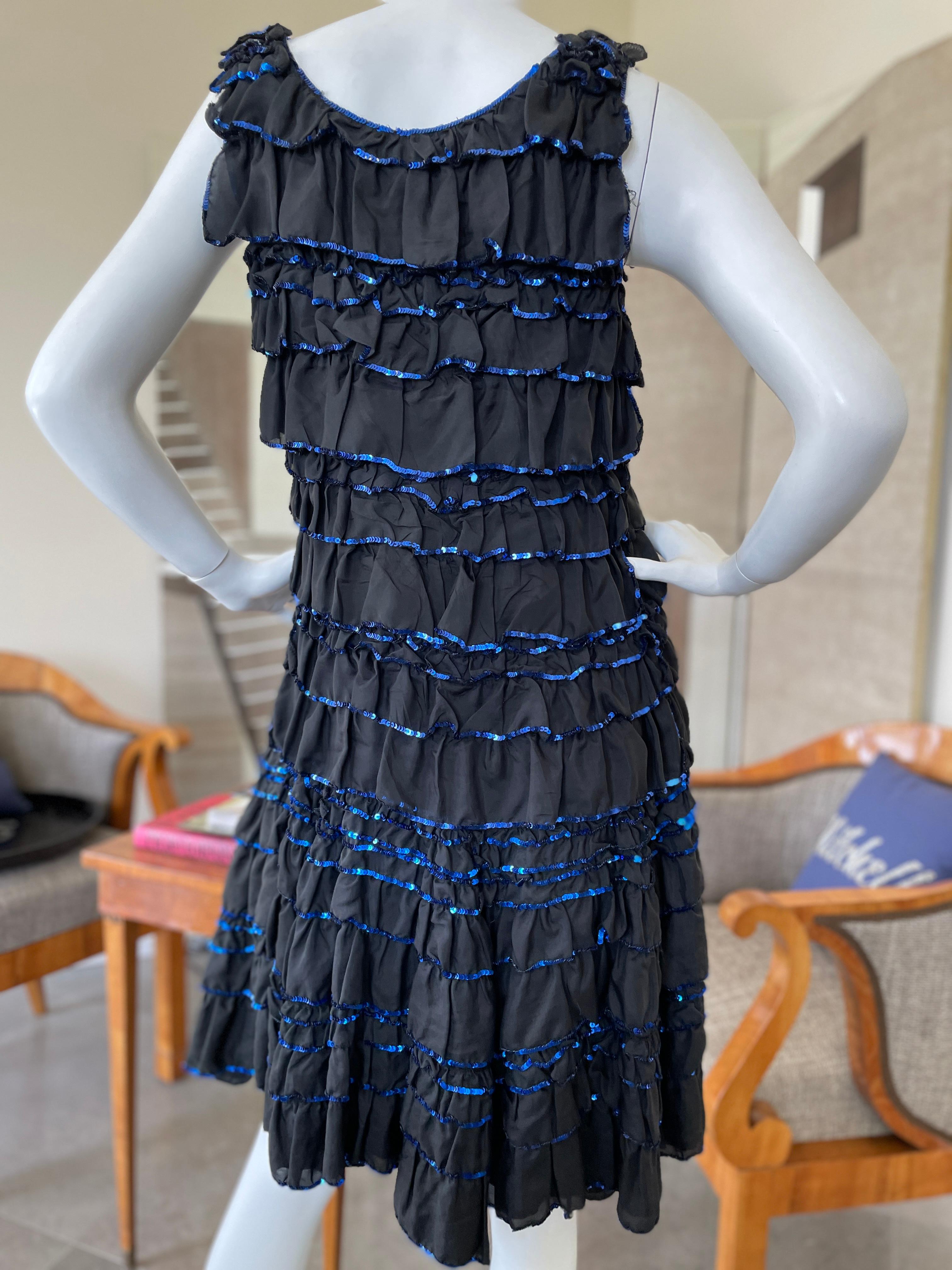 Lanvin by Alber Elbaz Ete 2004 Black Ruffle Cocktail Dress with Blue Sequin Trim For Sale 6