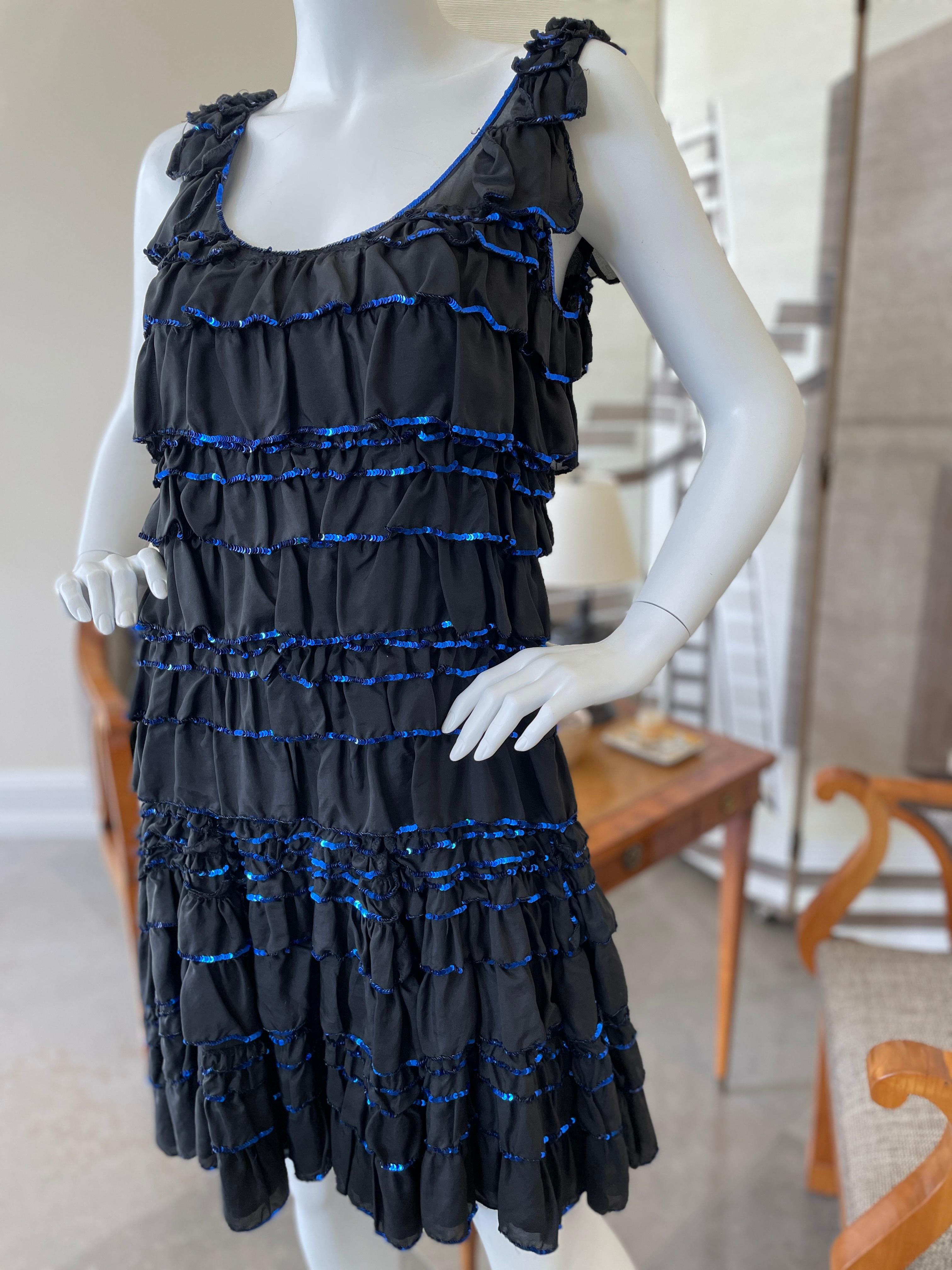 Lanvin by Alber Elbaz Ete 2004 Black Ruffle Cocktail Dress with Blue Sequin Trim In Excellent Condition For Sale In Cloverdale, CA