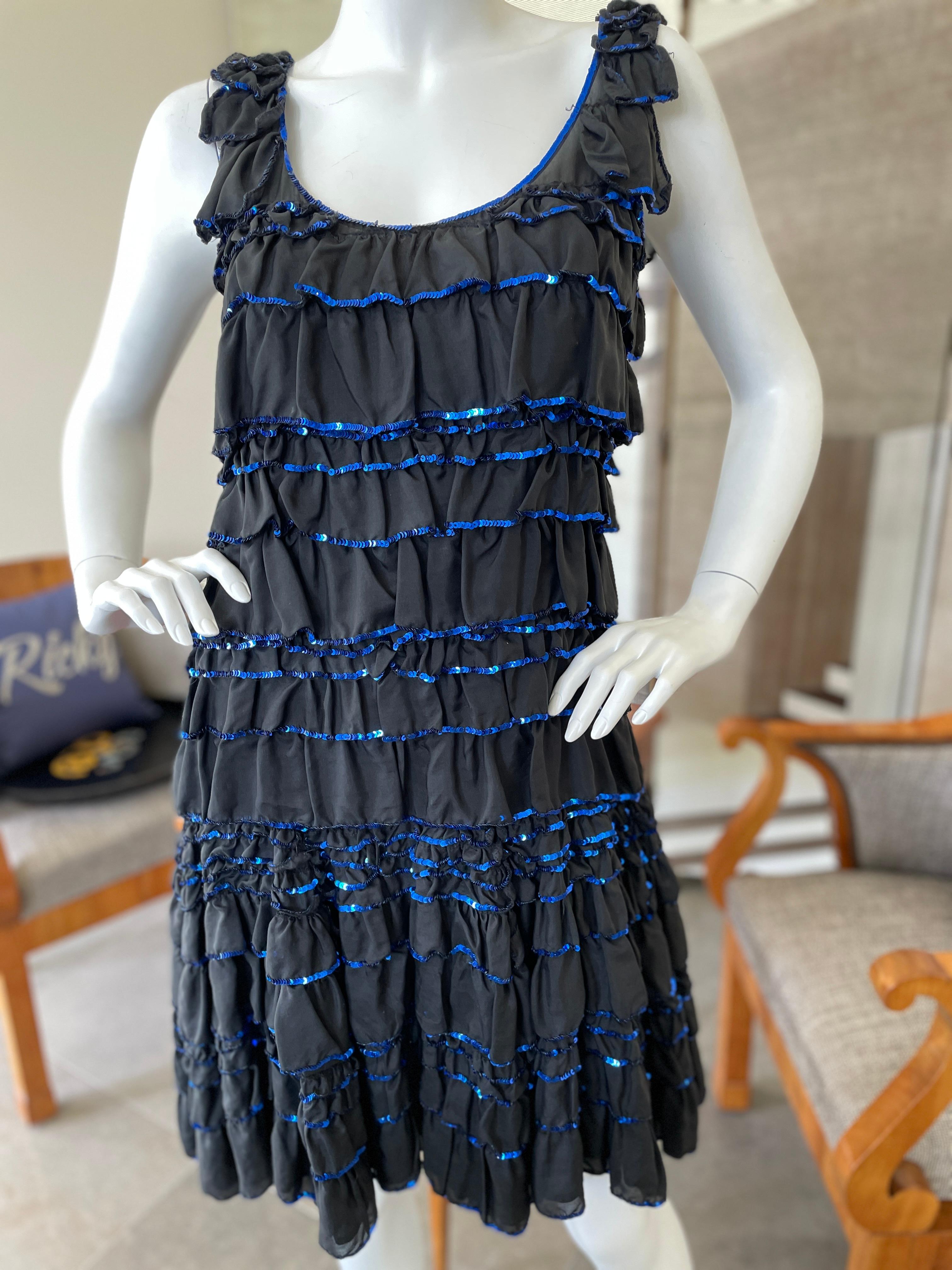 Lanvin by Alber Elbaz Ete 2004 Black Ruffle Cocktail Dress with Blue Sequin Trim For Sale 1