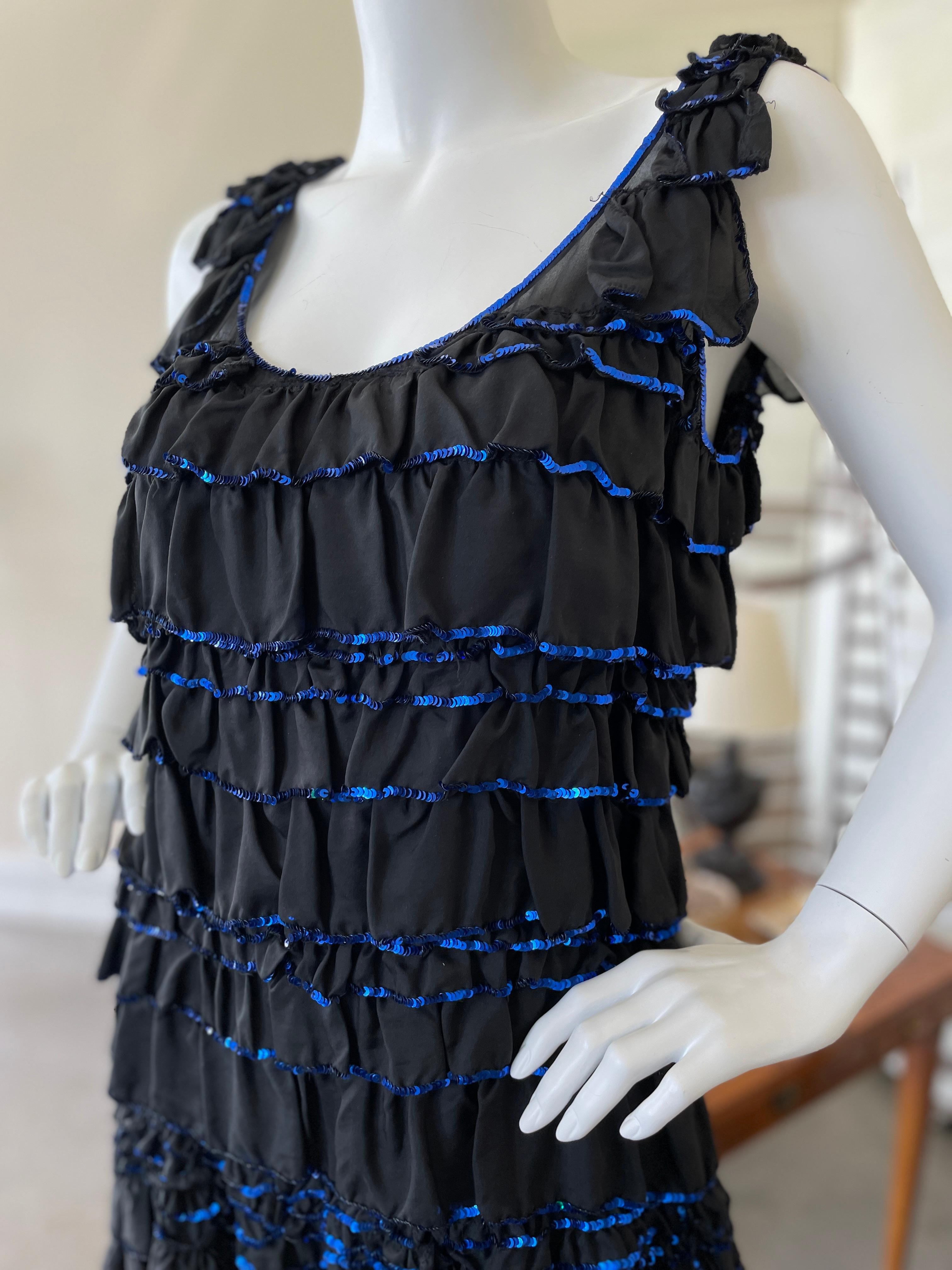 Lanvin by Alber Elbaz Ete 2004 Black Ruffle Cocktail Dress with Blue Sequin Trim For Sale 4