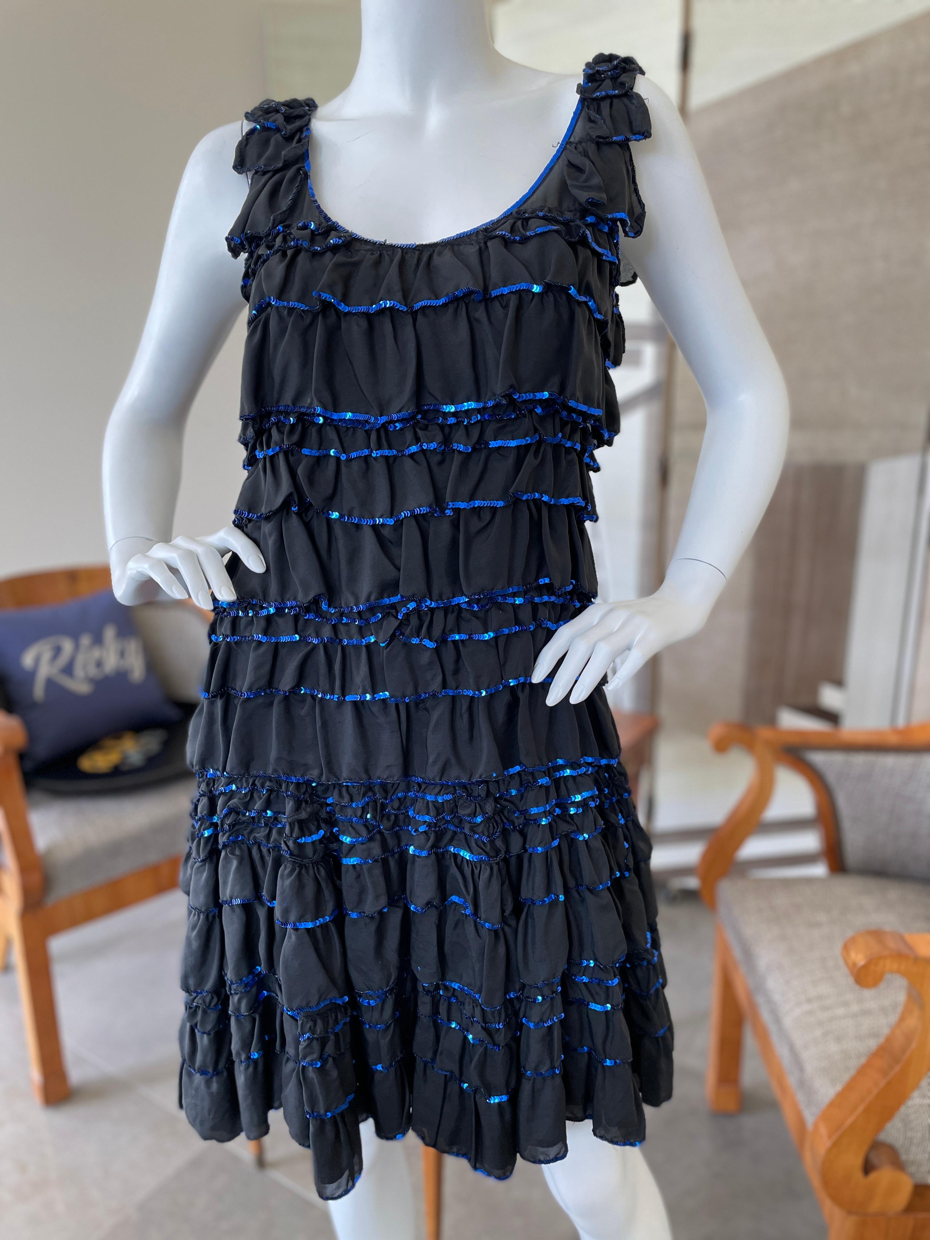 Lanvin by Alber Elbaz Ete 2004 Black Ruffle Cocktail Dress with Blue Sequin Trim For Sale 5