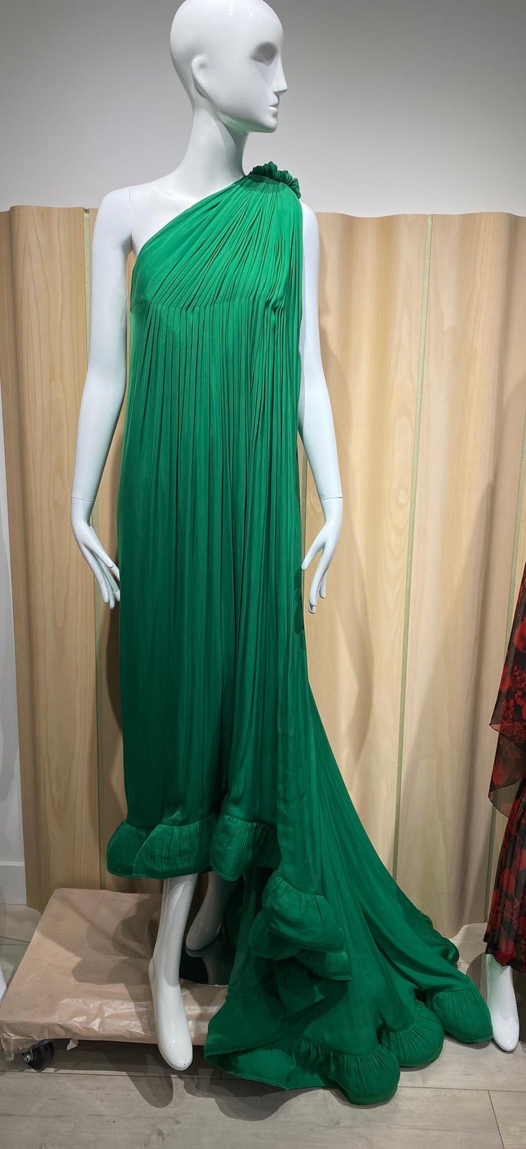 lanvin green dress Off Shoulder Velvet Satin Wing Cape Maxi Dress - Sage Green