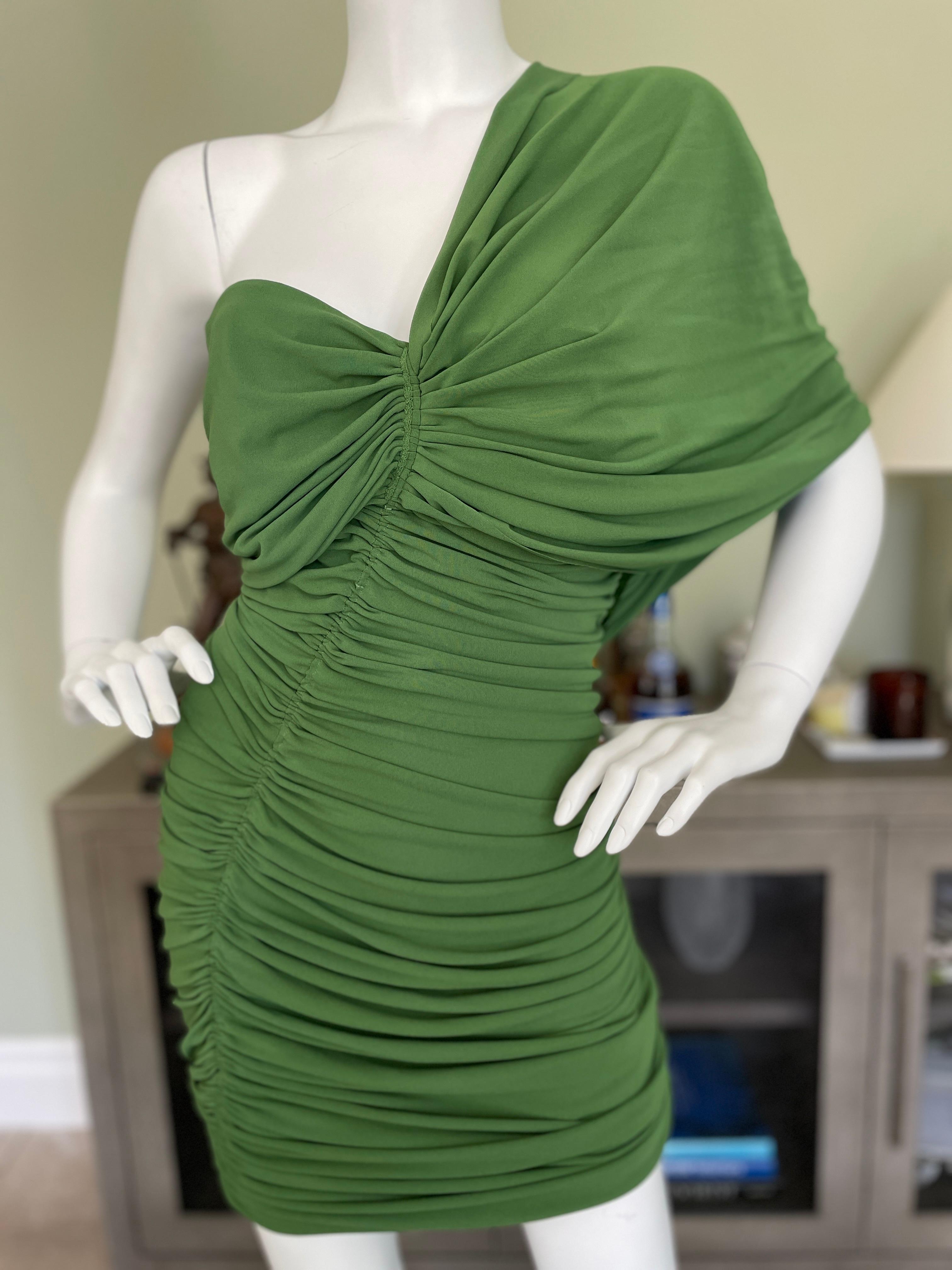 Black Lanvin by Alber Elbaz Ruched Green One Shoulder Mini Dress from Spring 2012 For Sale