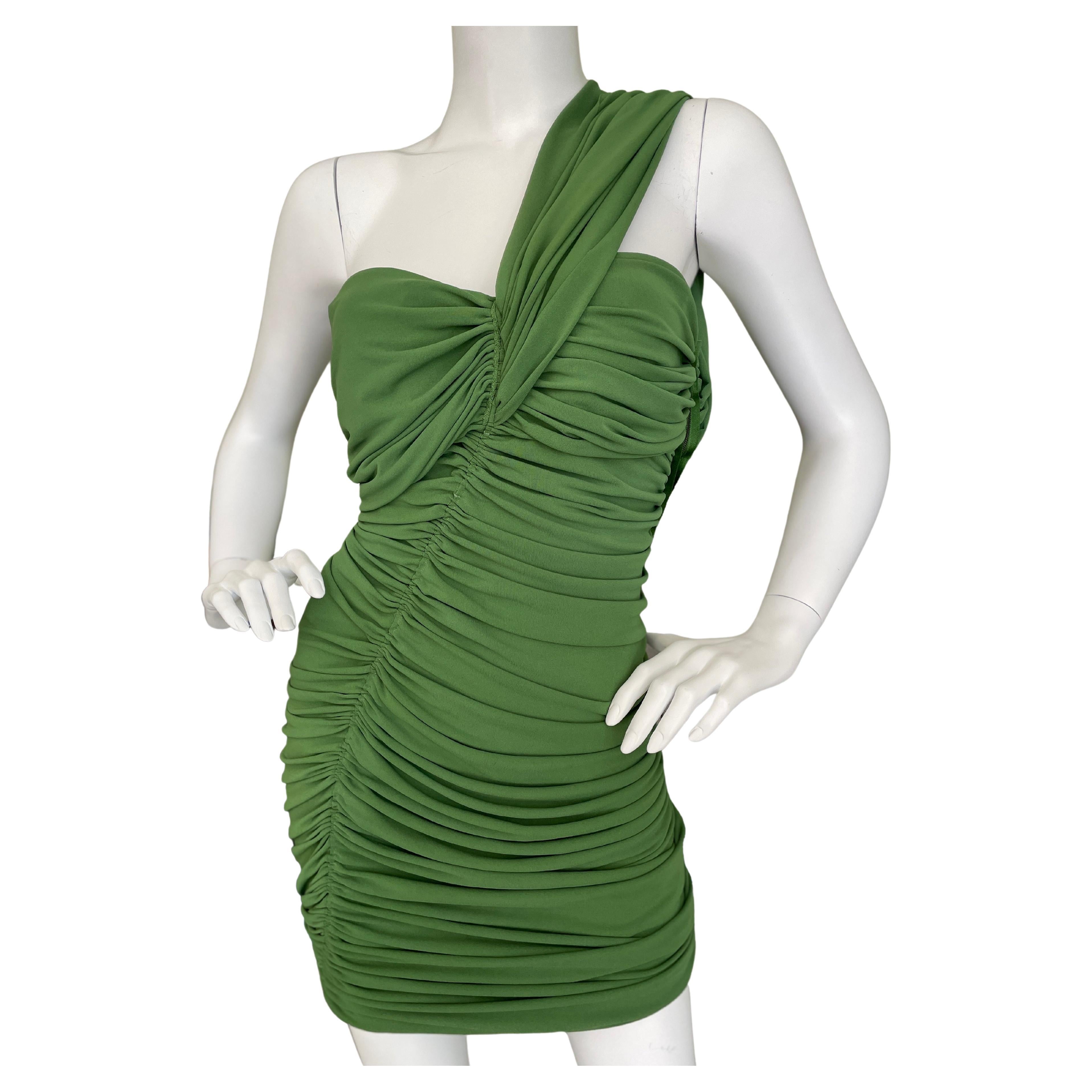 Lanvin by Alber Elbaz Ruched Green One Shoulder Mini Dress from Spring 2012 For Sale