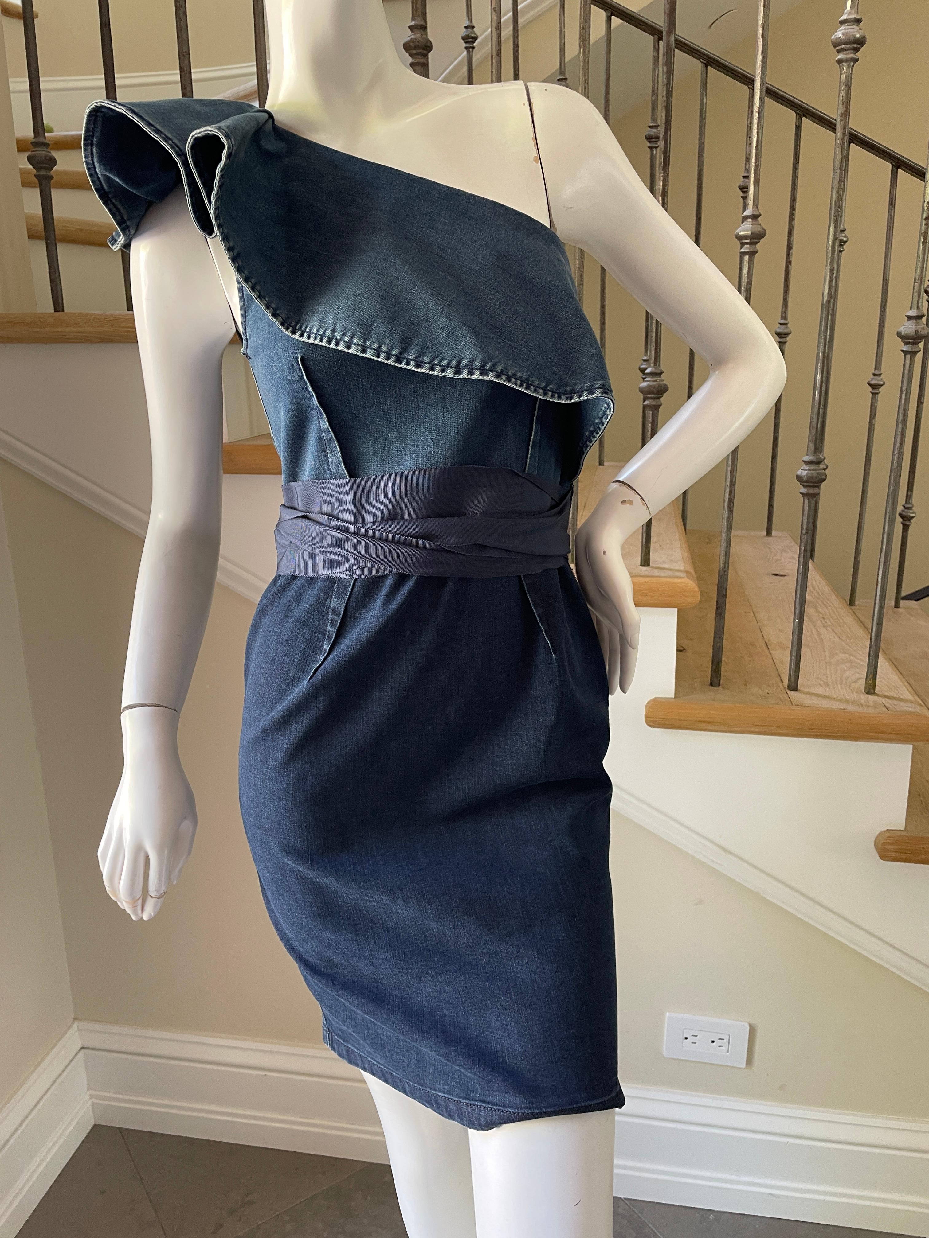 Lanvin by Alber Elbaz Vintage One Shoulder Ruffled Denim Dress In Good Condition For Sale In Cloverdale, CA