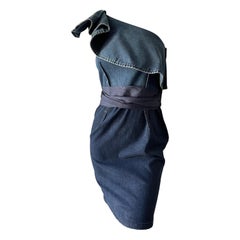 Lanvin by Alber Elbaz Vintage One Shoulder Ruffled Denim Dress