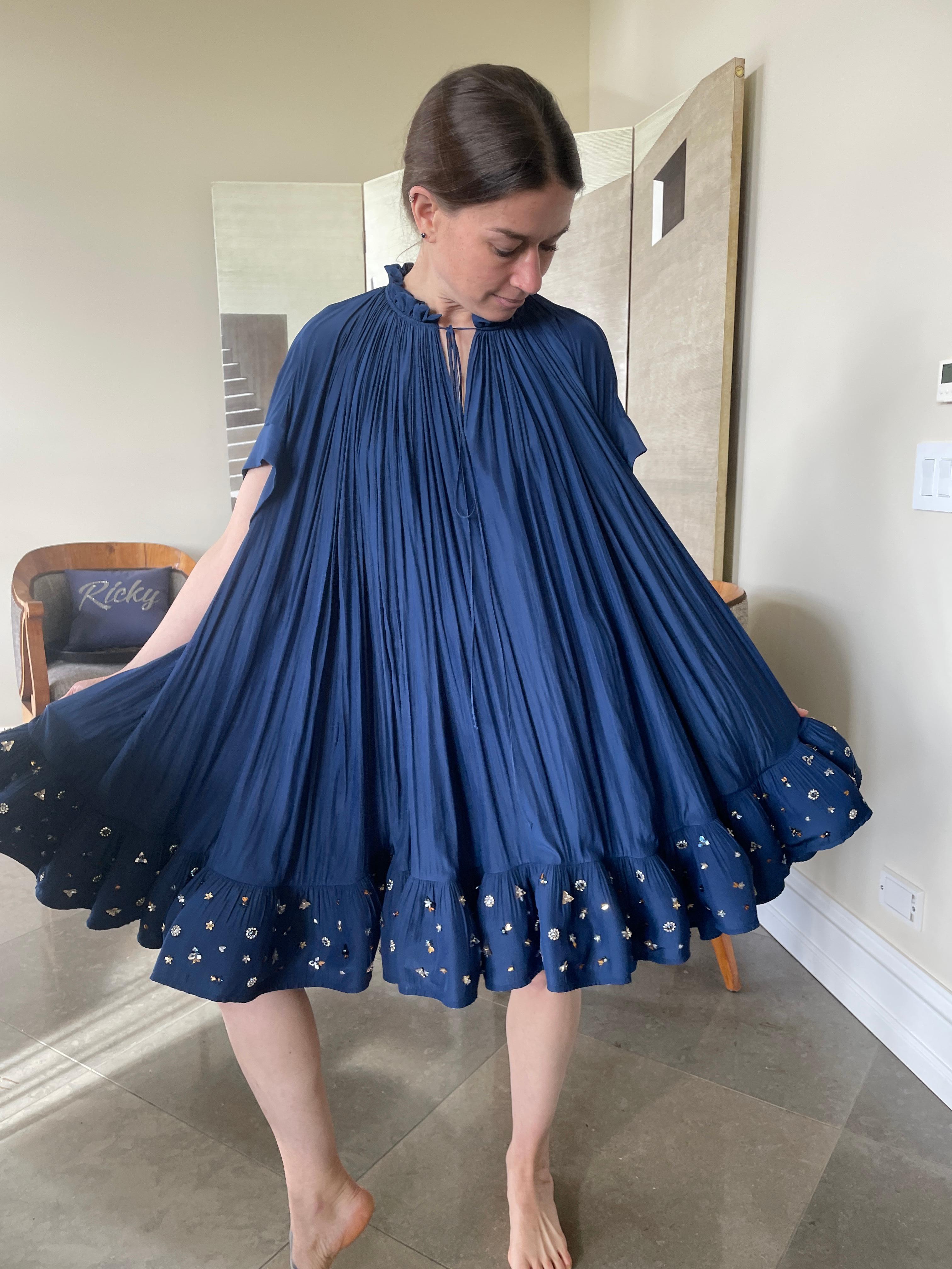 Lanvin by Alber Elbaz Voluminous Navy Blue Pleated Embellished Cocktail Dress  For Sale 9