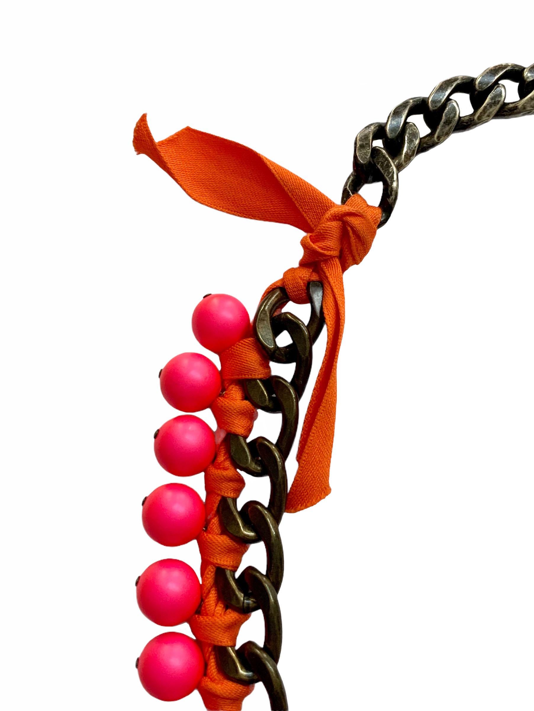 Lanvin by Albert Elbaz Pink Beads & Orange Grosgrain Necklace In Excellent Condition For Sale In Geneva, CH
