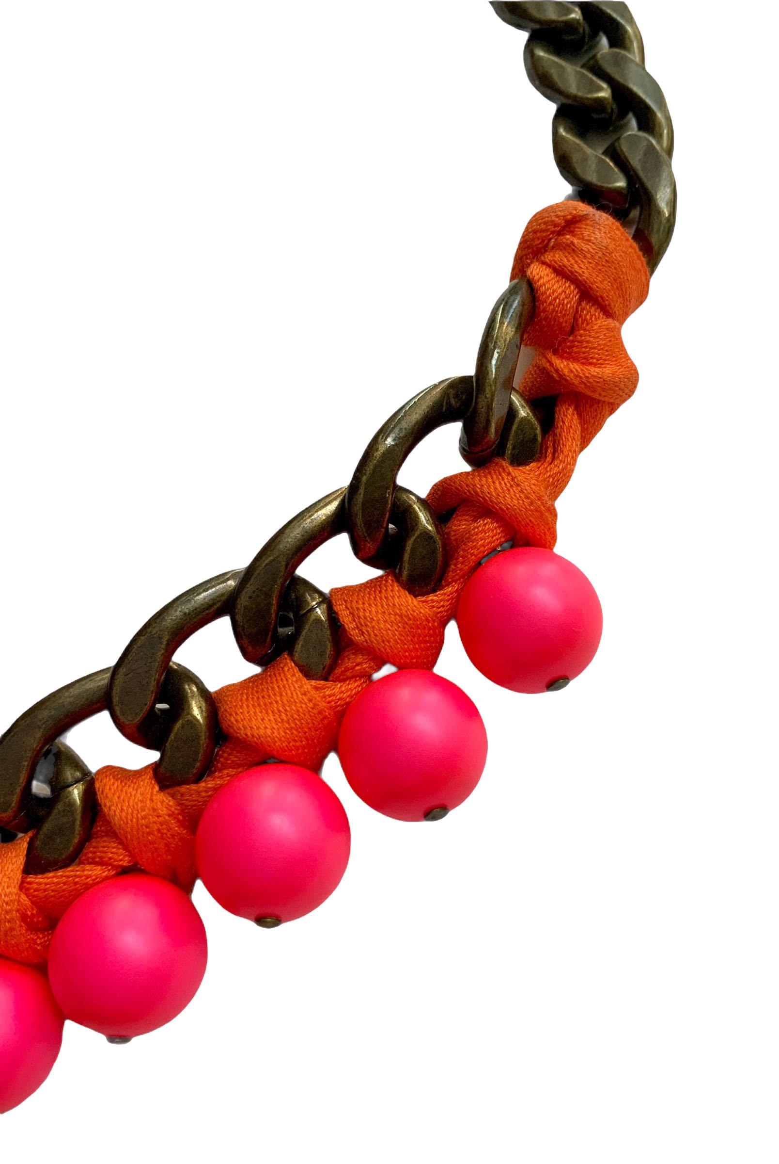 Women's or Men's Lanvin by Albert Elbaz Pink Beads & Orange Grosgrain Necklace For Sale