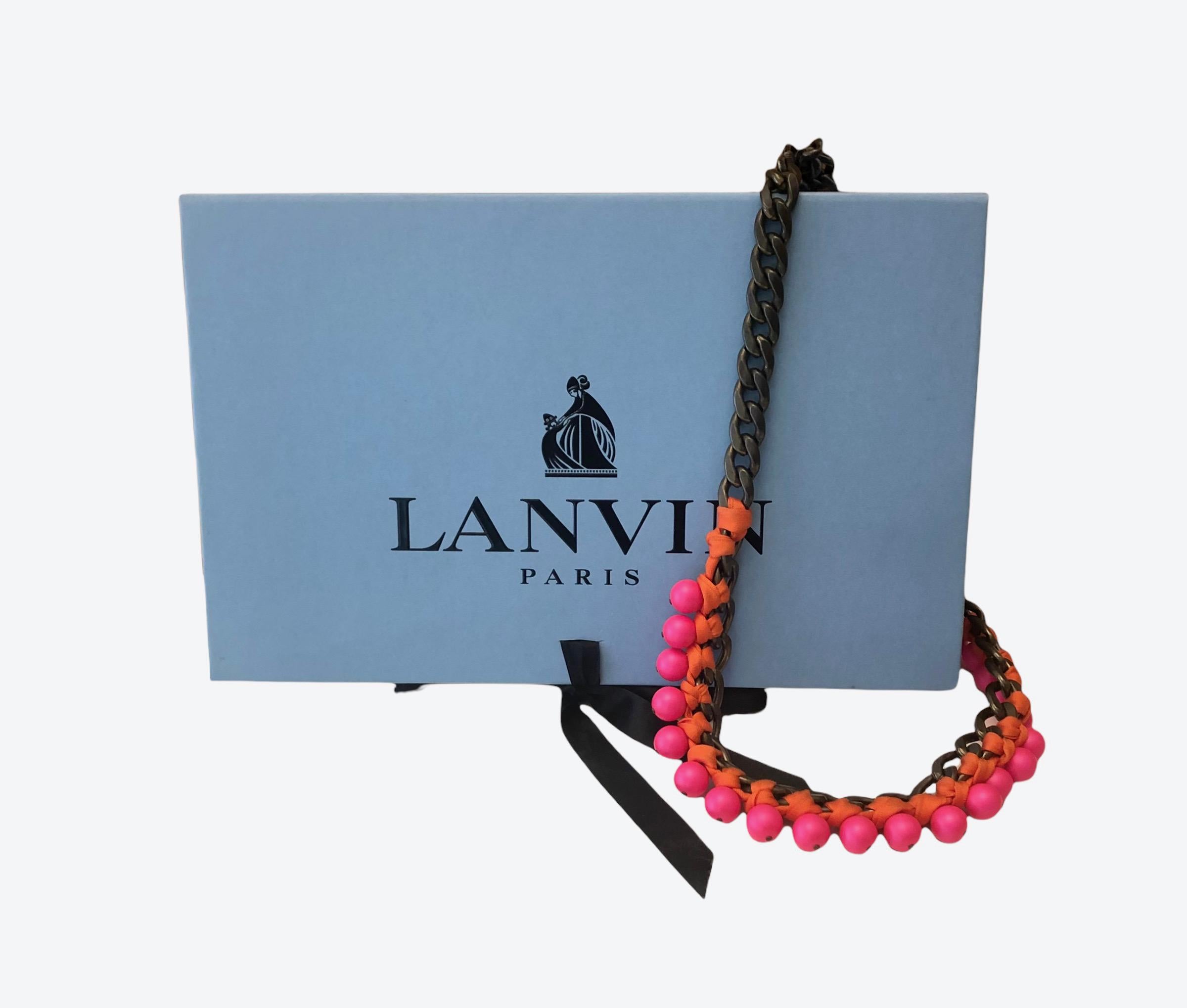 Lanvin by Albert Elbaz Pink Beads & Orange Grosgrain Necklace For Sale 1