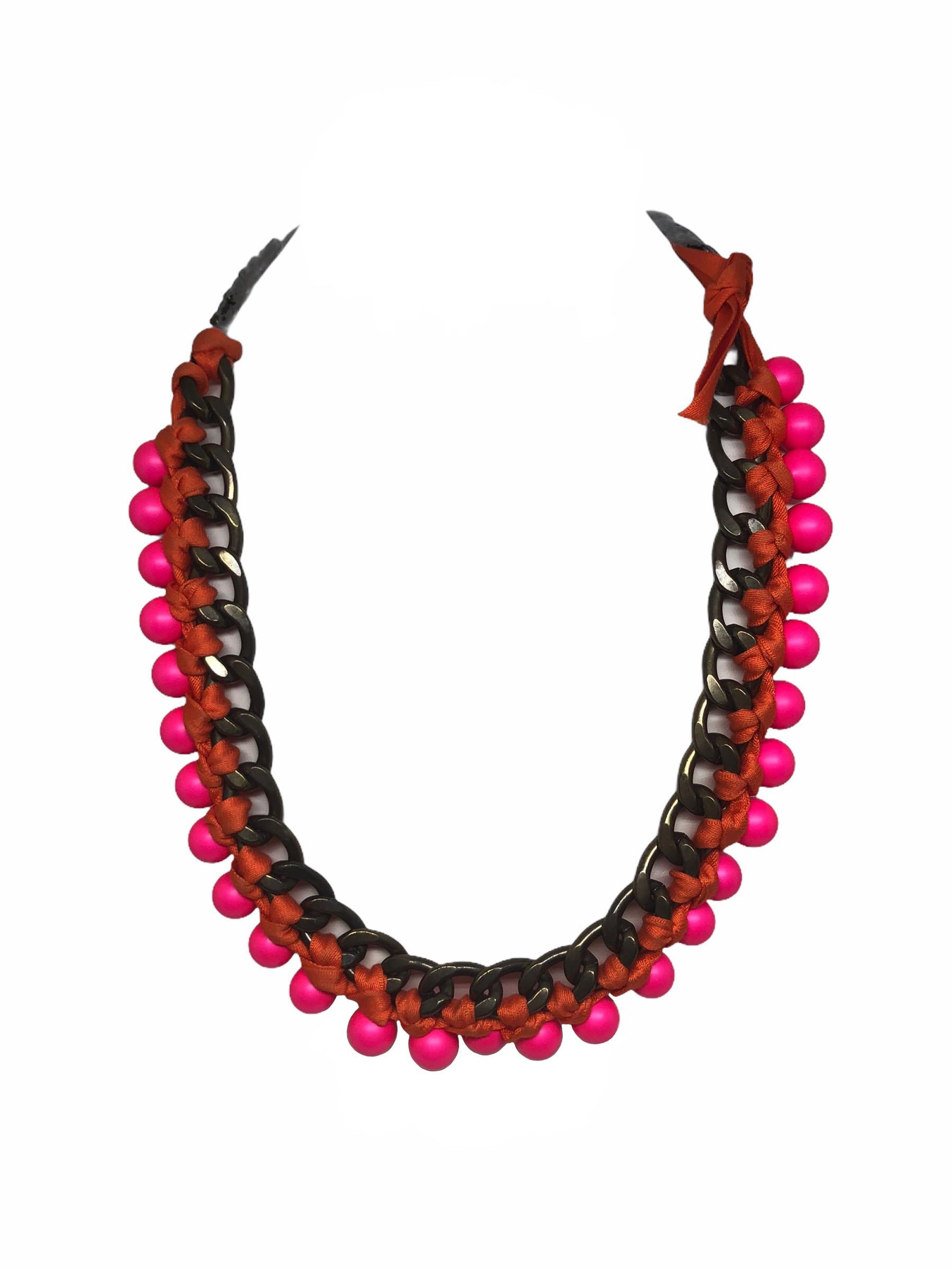 Lanvin by Albert Elbaz Pink Beads & Orange Grosgrain Necklace For Sale 2