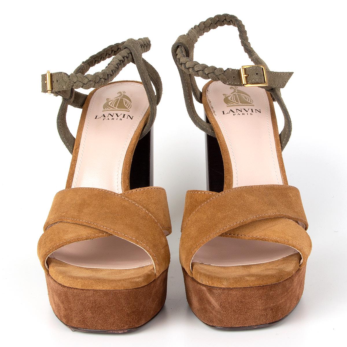 100% authentic Lanvin platform sandals in mustard, brown and olive green suede featuring a dark brown stacked heel. Have been worn and are in excellent condition. 

Measurements
Imprinted Size	39.5
Shoe Size	39.5
Inside Sole	25cm (9.8in)
Width	8cm
