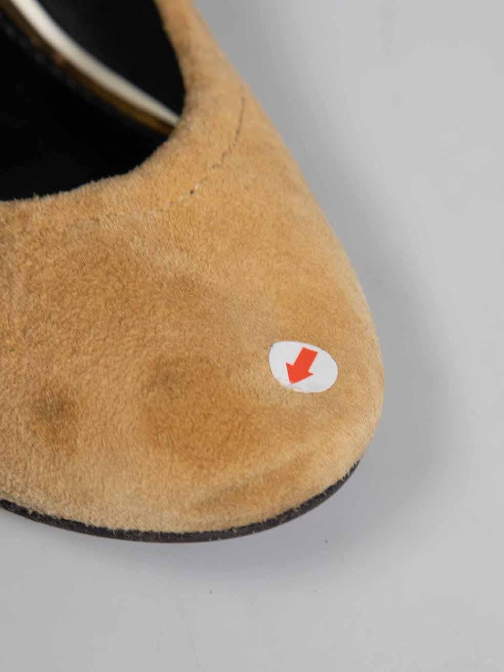 Women's Lanvin Camel Suede Wooden Heel Pumps Size IT 35.5 For Sale