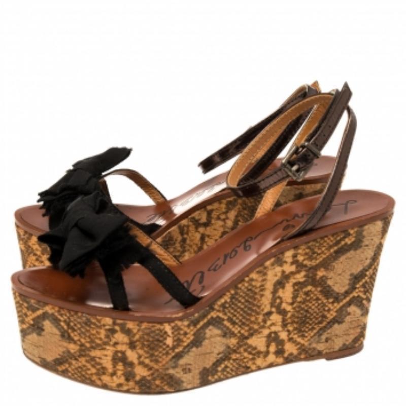 Marron Sandales compensées Lanvin en toile et cuir avec nœud python imprimé, taille 39
