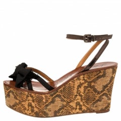 Lanvin Canvas and Leather Bow Python Print Platform Wedge Sandals Size 39