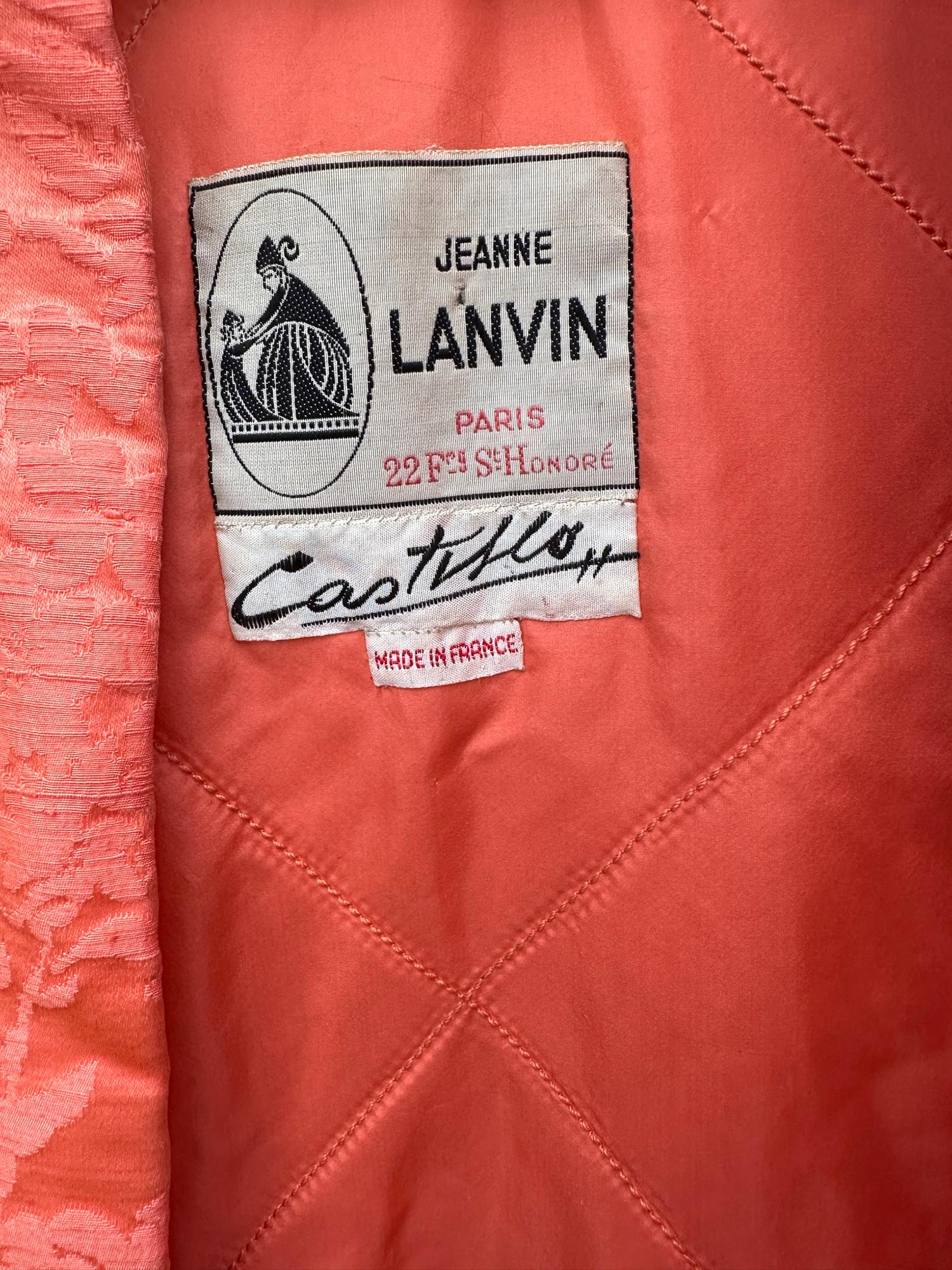 Lanvin Castello Haute Couture Ensemble Manteau et Robe en brocart de soie corail 1950s en vente 12