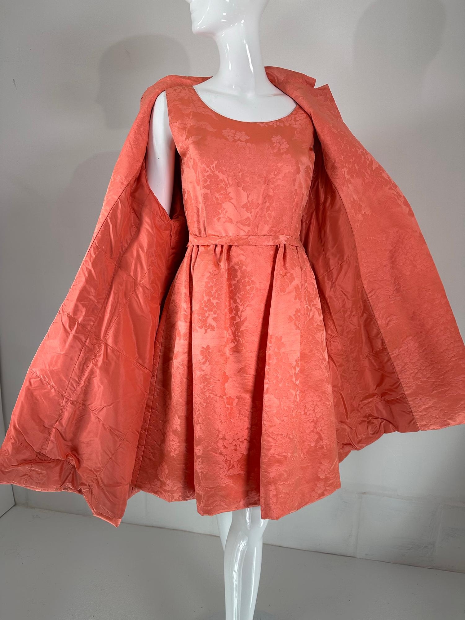 Lanvin Castello Haute Couture Coral Silk Brocade Coat & Dress Ensemble 1950s In Good Condition For Sale In West Palm Beach, FL