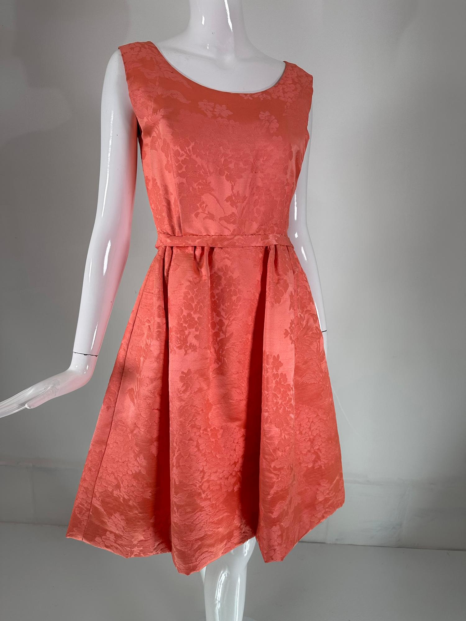 Women's Lanvin Castello Haute Couture Coral Silk Brocade Coat & Dress Ensemble 1950s For Sale