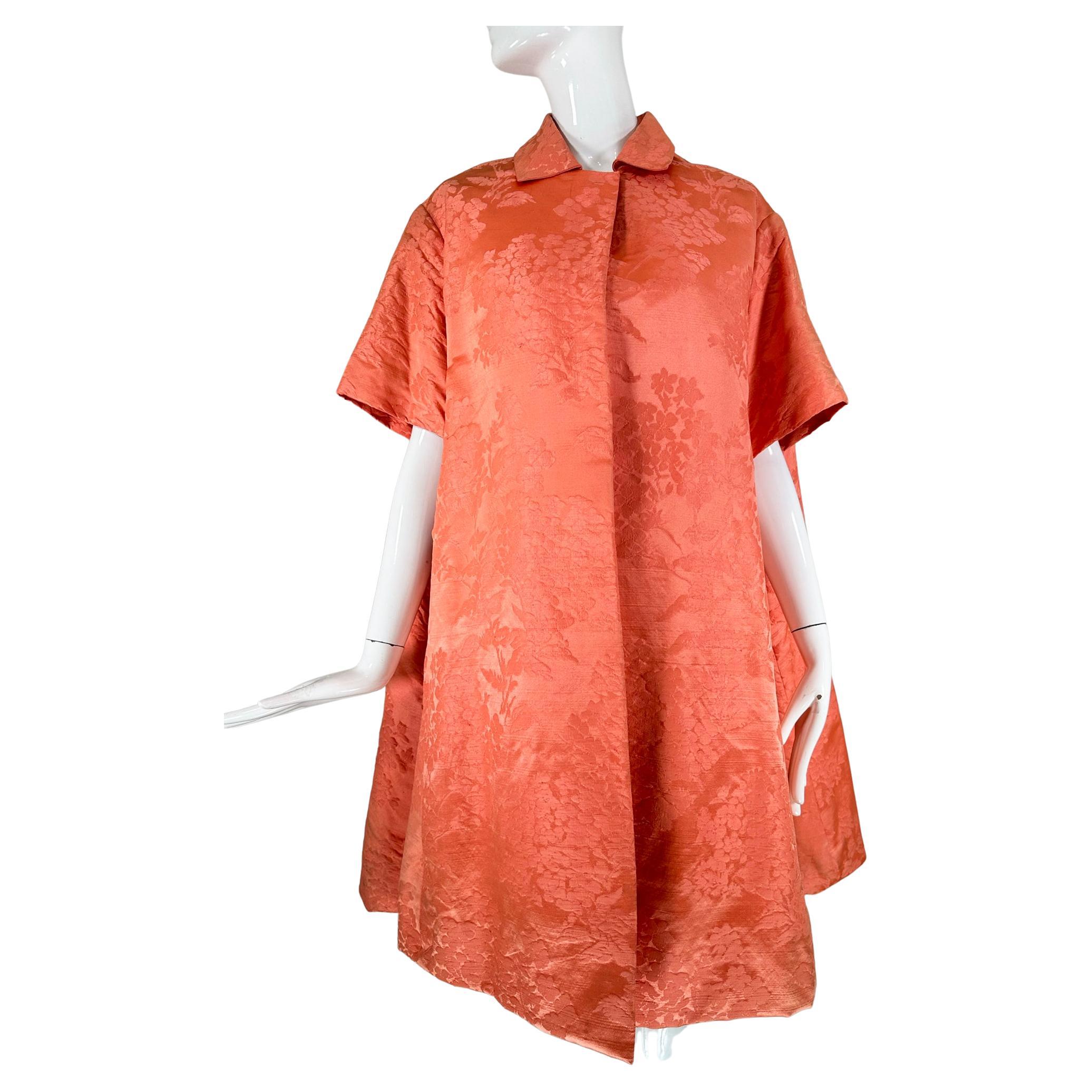 Lanvin Castello Haute Couture Coral Silk Brocade Coat & Dress Ensemble 1950s For Sale