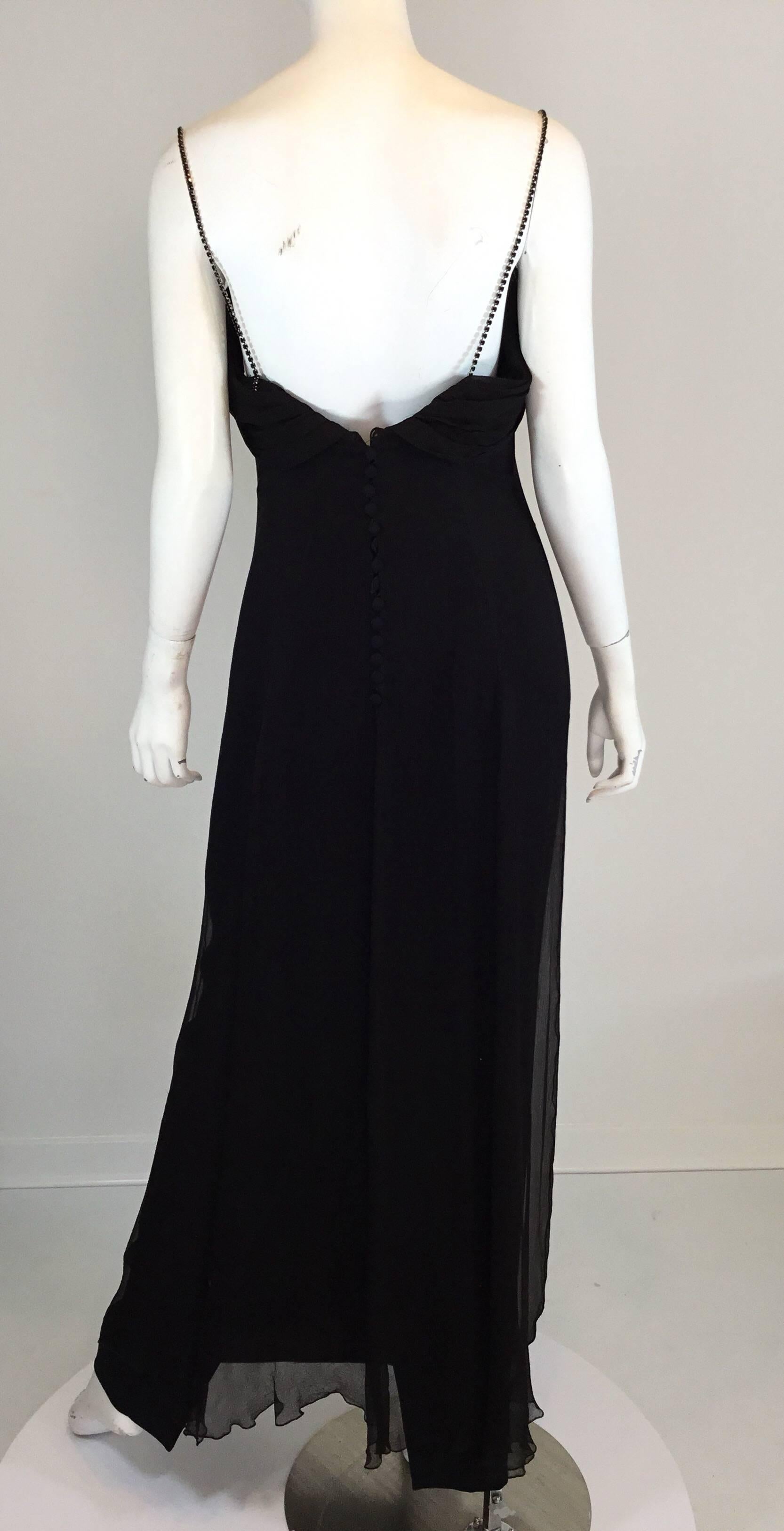 Black Lanvin Chiffon Blend Dress Vintage 1970’s with Rhinestone Straps For Sale