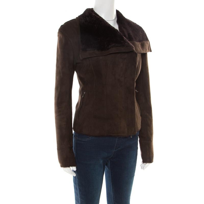 Black Lanvin Chocolate Brown Lambskin Leather Shearling Lined Biker Jacket M