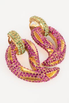 Lanvin Clip-on Earrings with Pink and Green Rhinestones