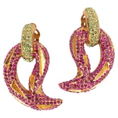 Lanvin Clip-on Earrings with Pink and Green Rhinestones
