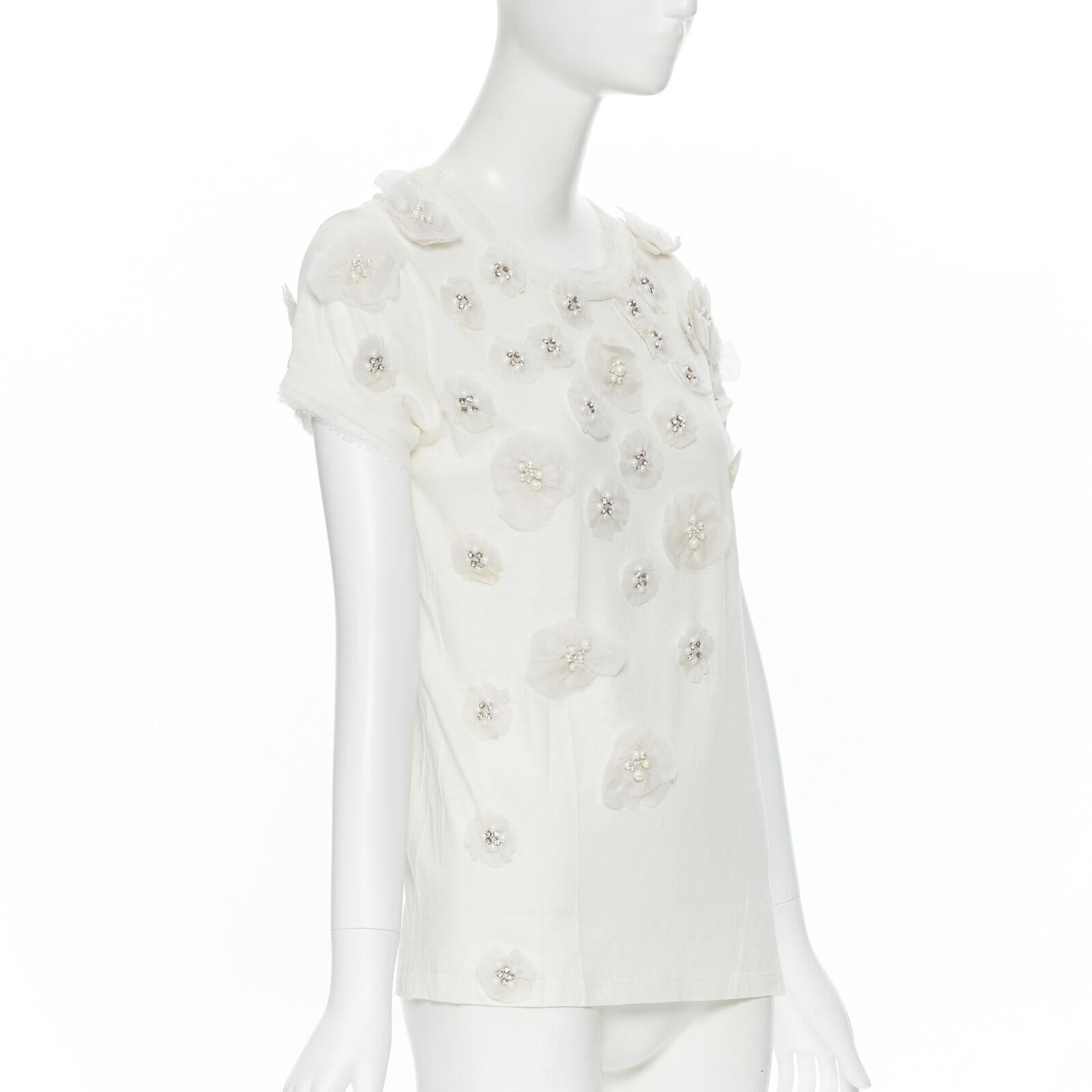 LANVIN Collection Blanche white silk pearl crystal embellished flower t-shirt XS In Good Condition For Sale In Hong Kong, NT