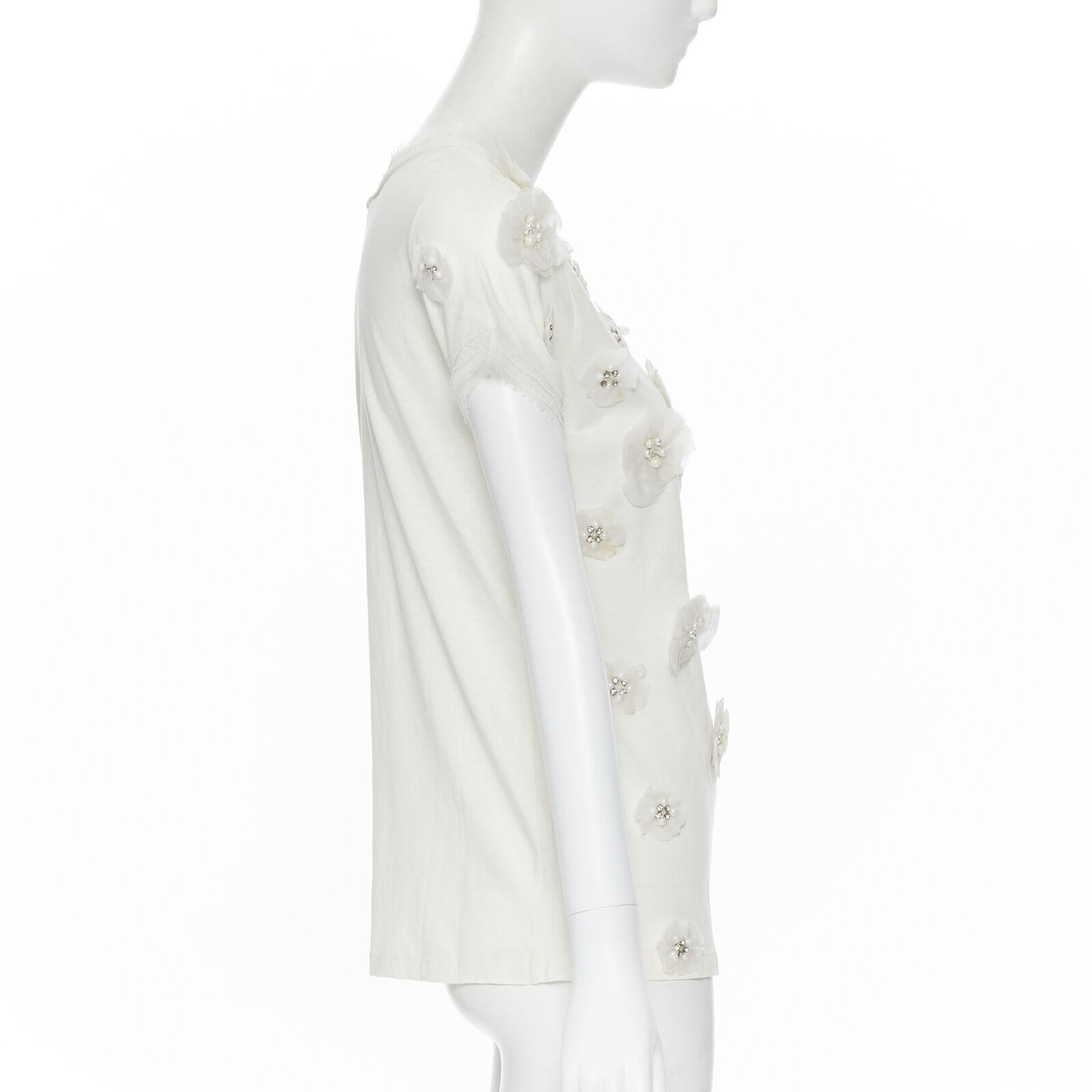 Women's LANVIN Collection Blanche white silk pearl crystal embellished flower t-shirt XS For Sale