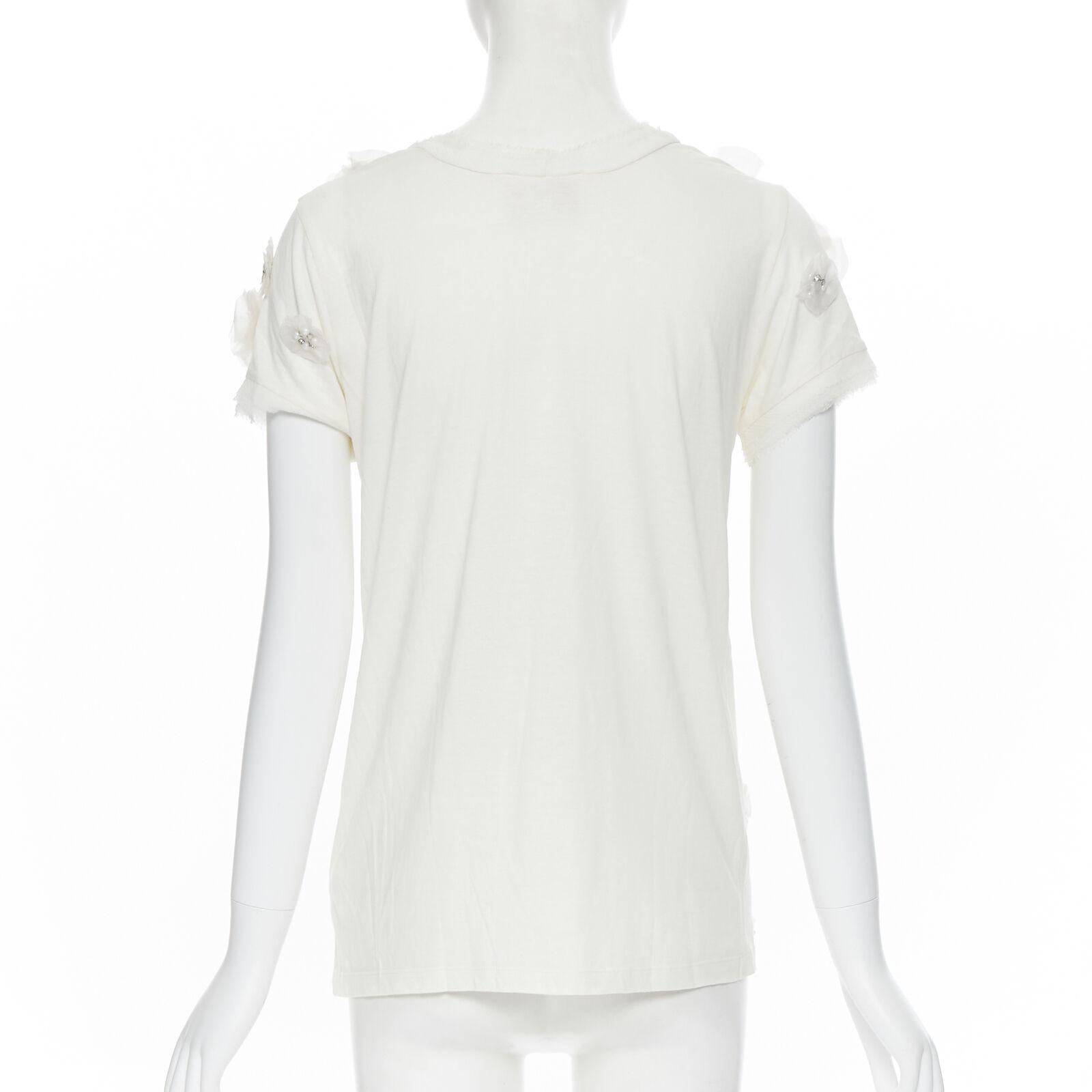 LANVIN Collection Blanche white silk pearl crystal embellished flower t-shirt XS For Sale 1