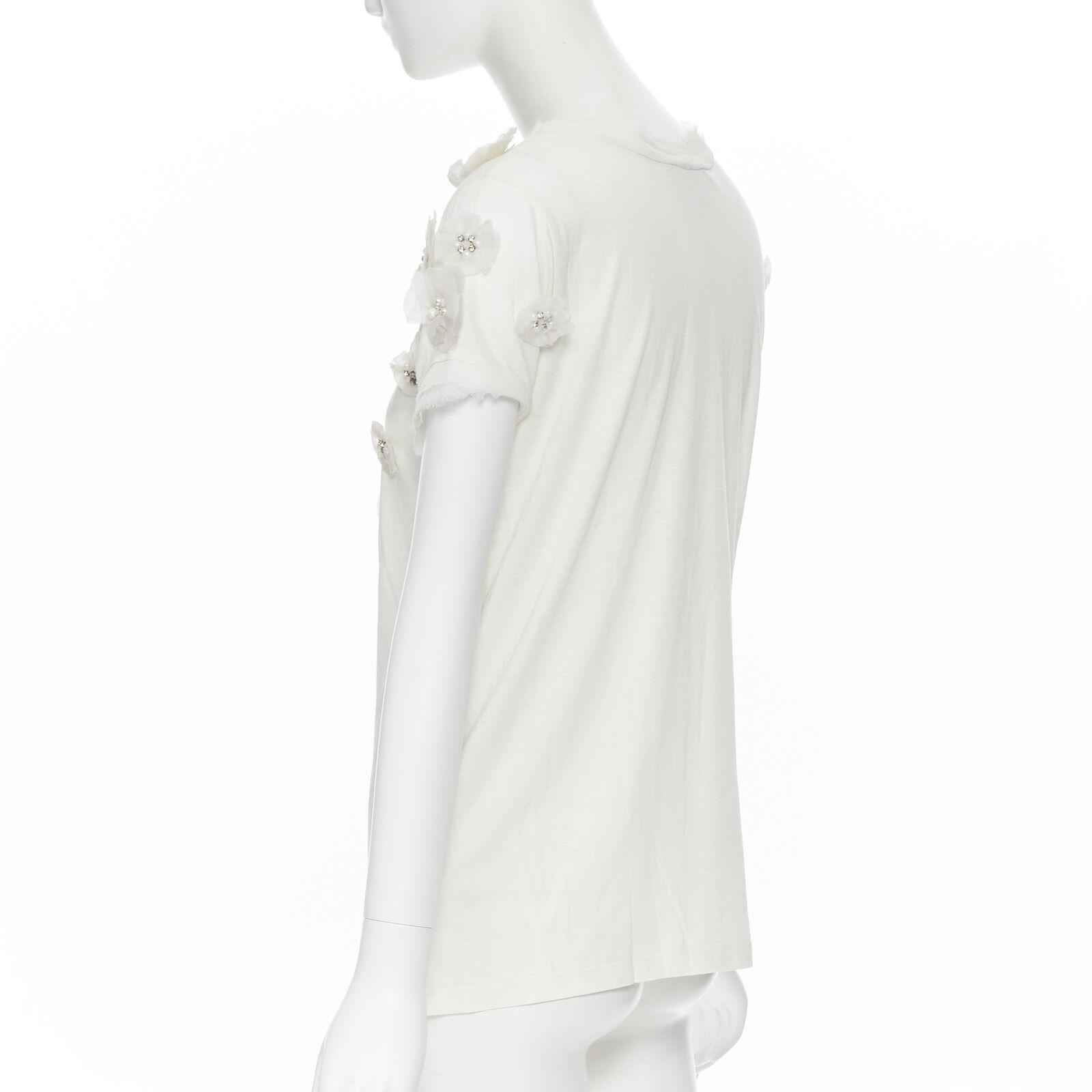 LANVIN Collection Blanche white silk pearl crystal embellished flower t-shirt XS For Sale 2