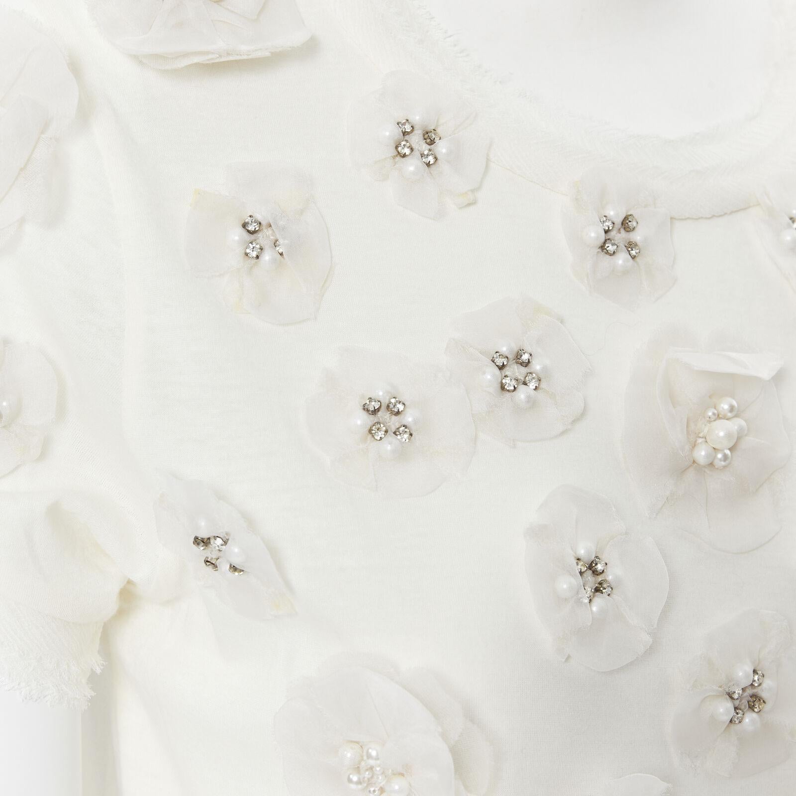LANVIN Collection Blanche, t-shirt a fiori in seta bianca con perle e cristalli XS 4