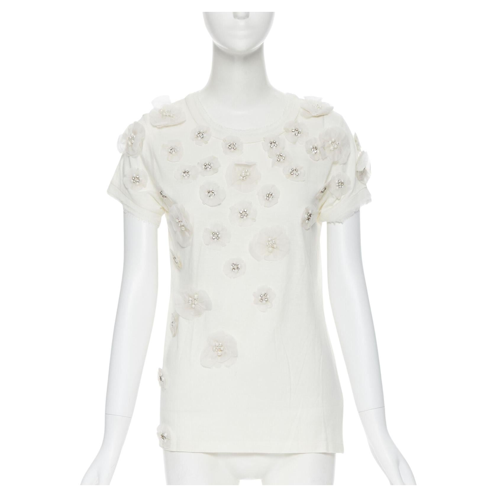 LANVIN Collection Blanche white silk pearl crystal embellished flower t-shirt XS For Sale