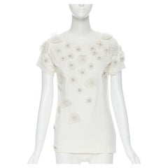 LANVIN Collection Blanche white silk pearl crystal embellished flower t-shirt XS