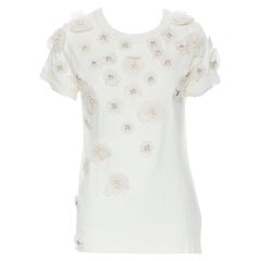 LANVIN Collection Blanche white silk pearl crystal embellished flower tshirt XS