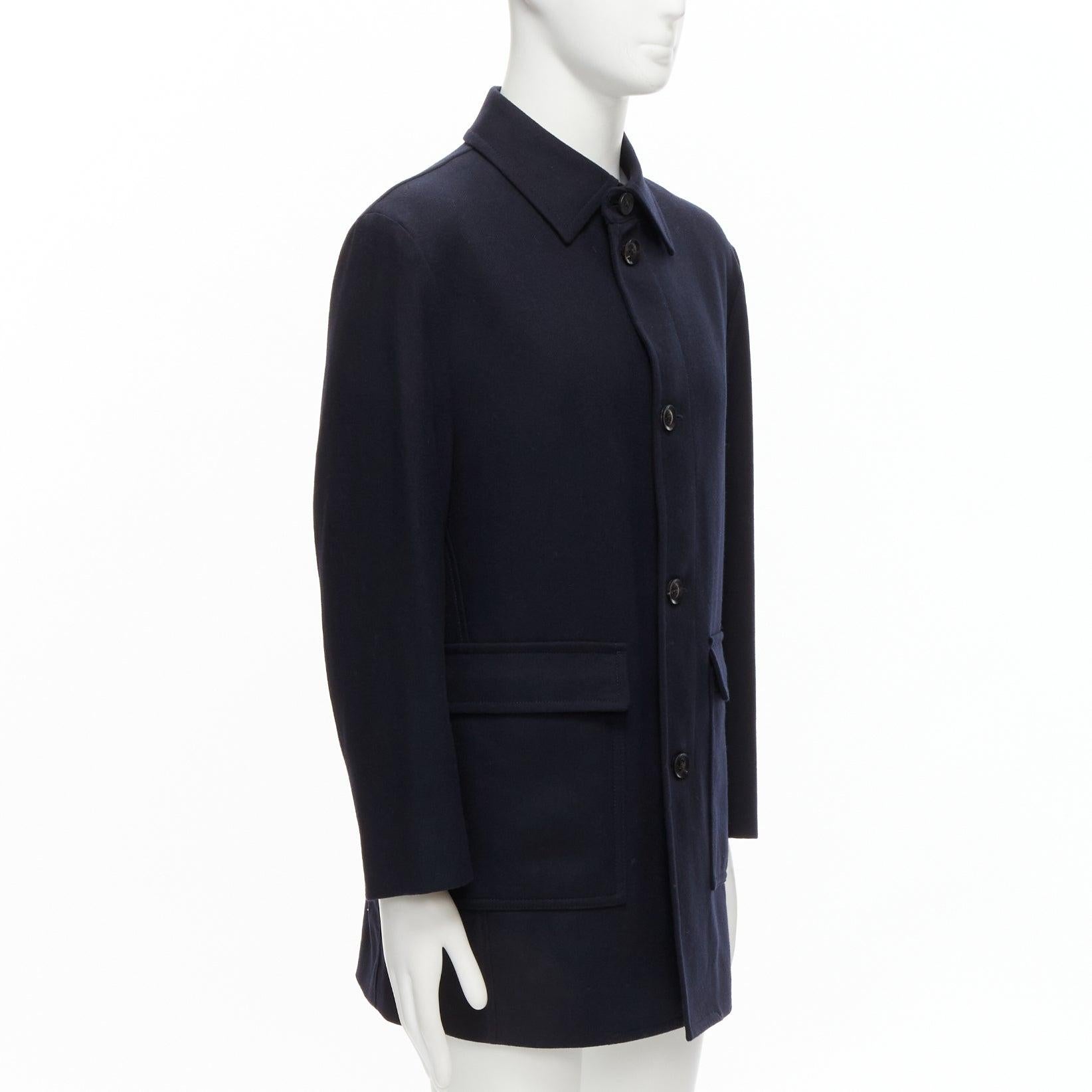 Black LANVIN Collection navy wool blend classic shell button longline coat IT48 M For Sale