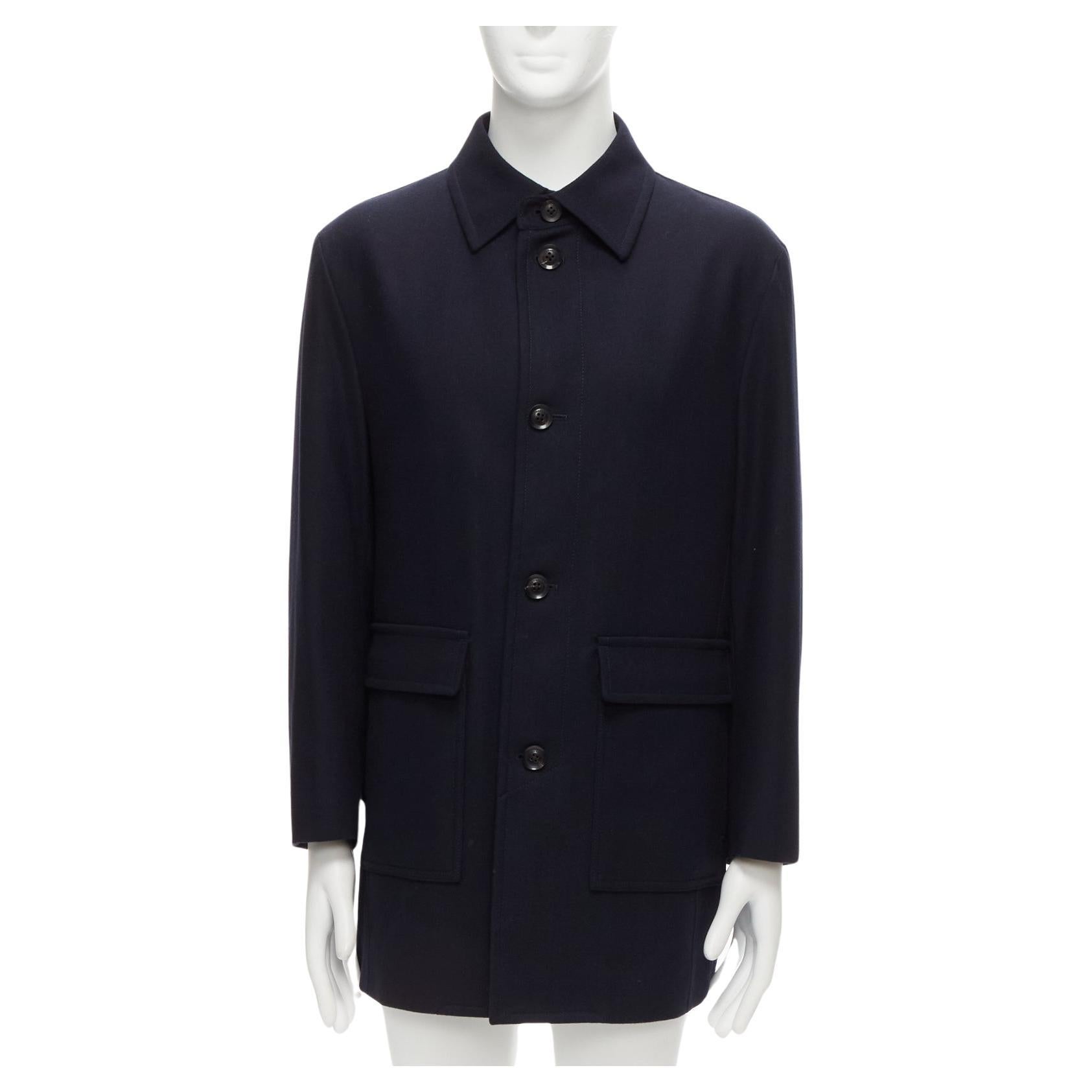 LANVIN Collection navy wool blend classic shell button longline coat IT48 M For Sale