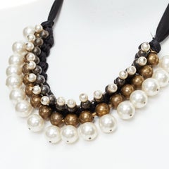 LANVIN Collier multi pearl beads black ribbon statement necklace