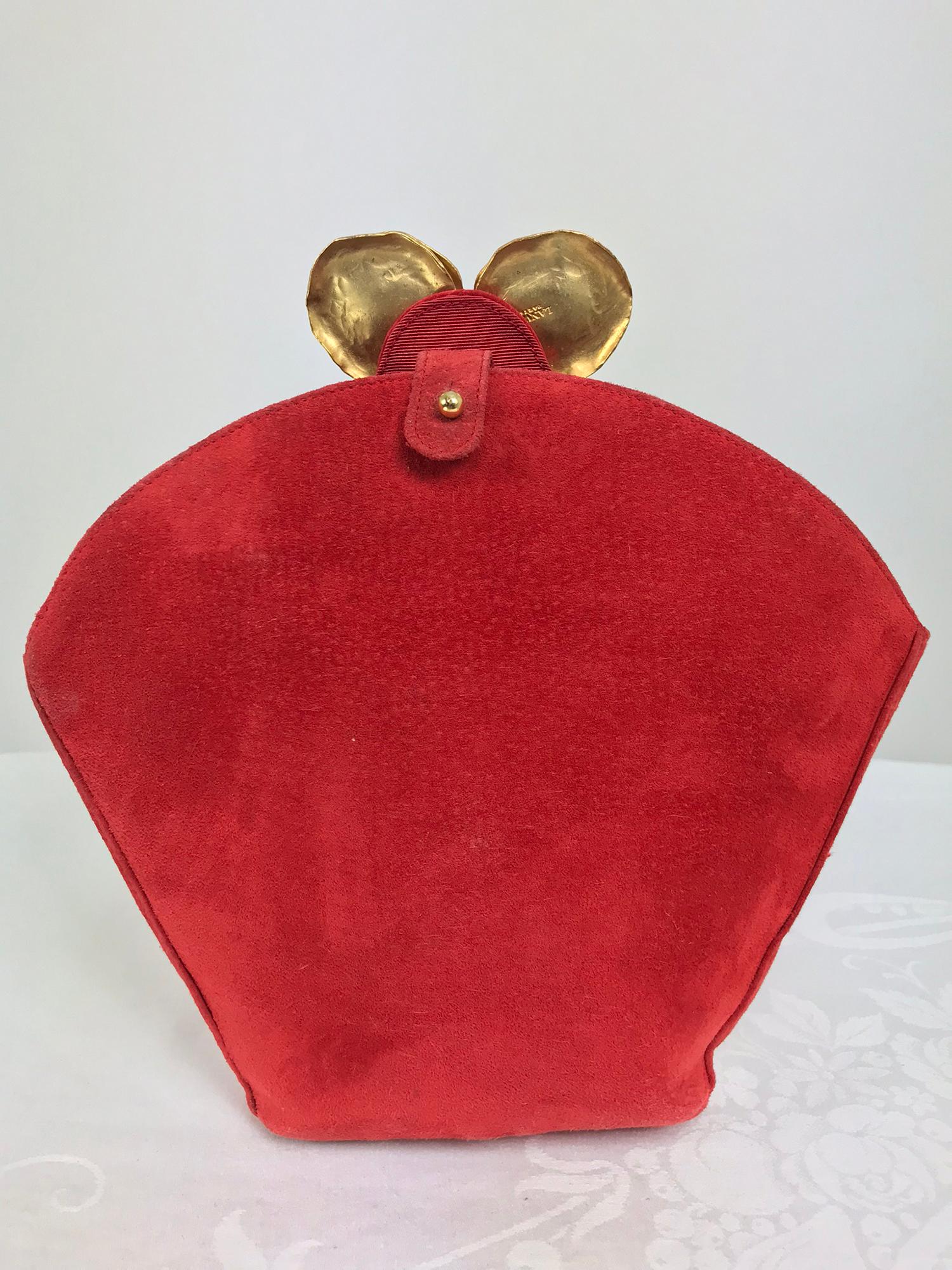 Lanvin coral red flower pot evening bag, a rare bag possibly from the 1980s, This beautiful bag in coral red suede is shaped like a three dimensional fan, the bottom is oval, the front and back are attached at the sides with narrow strips of suede.