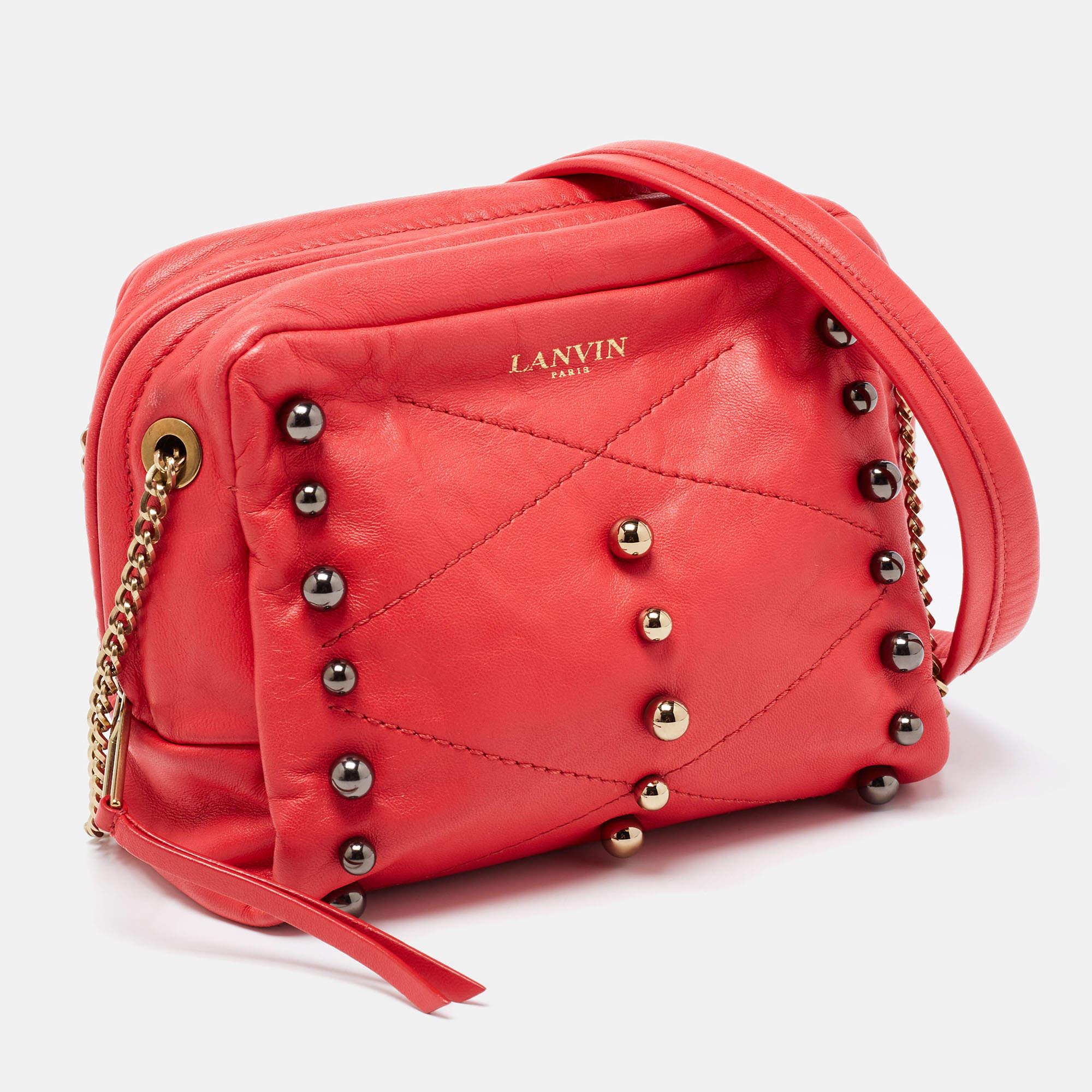 Lanvin Coral Red Leather Sugar Studded Shoulder Bag In Good Condition In Dubai, Al Qouz 2