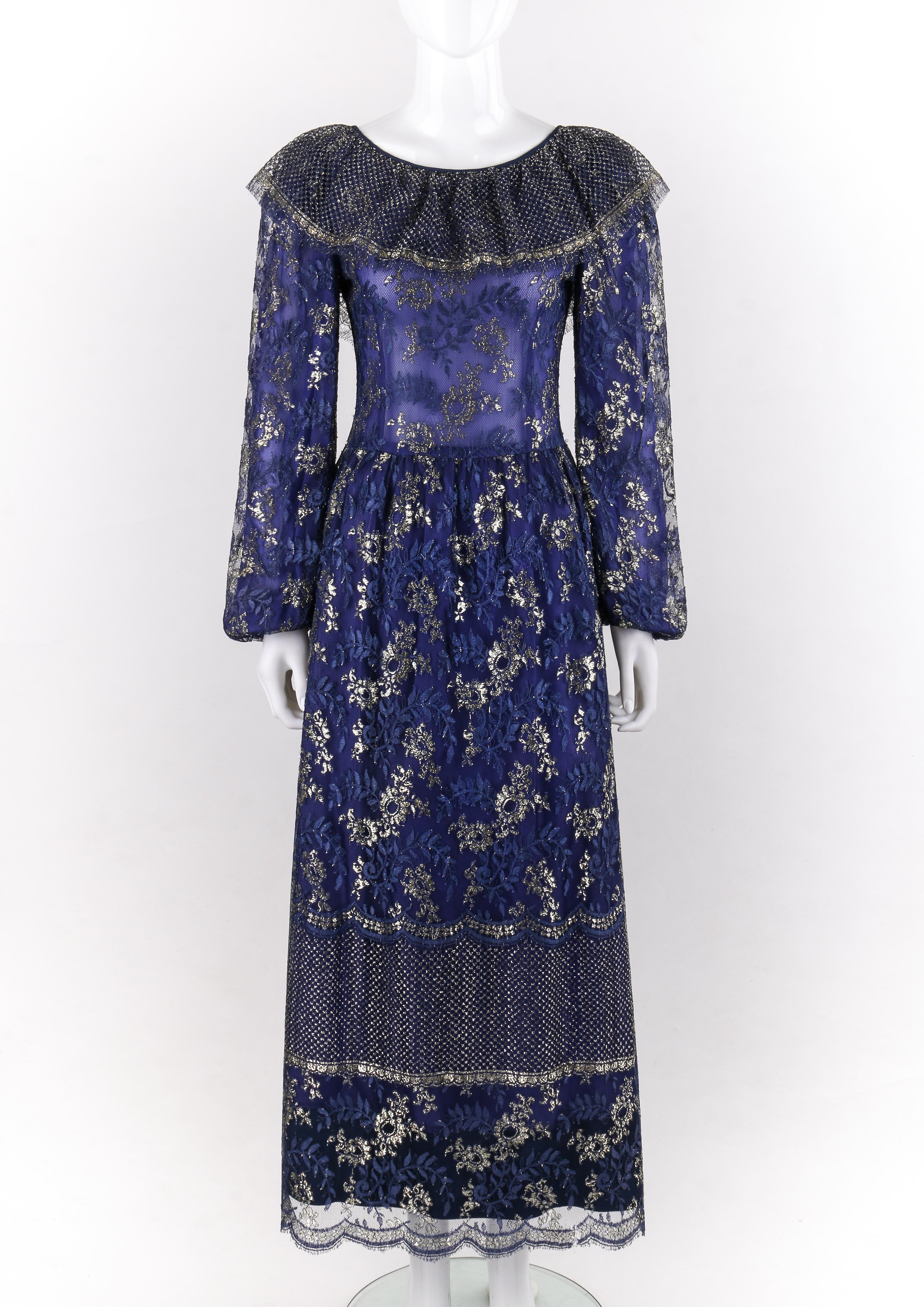 LANVIN Haute Couture c.1970s Periwinkle Gold Floral Lace Overlay Maxi Dress
 
Circa: 1970’s
Label(s): Lanvin (couture #10268)
Designer: Jules-Francois Crahay
Style: Evening gown / dress
Color(s): Shades of blue / purple (exterior, interior); gold