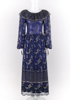 LANVIN Haute Couture c.1970s Periwinkle Gold Floral Lace Overlay Maxi Dress