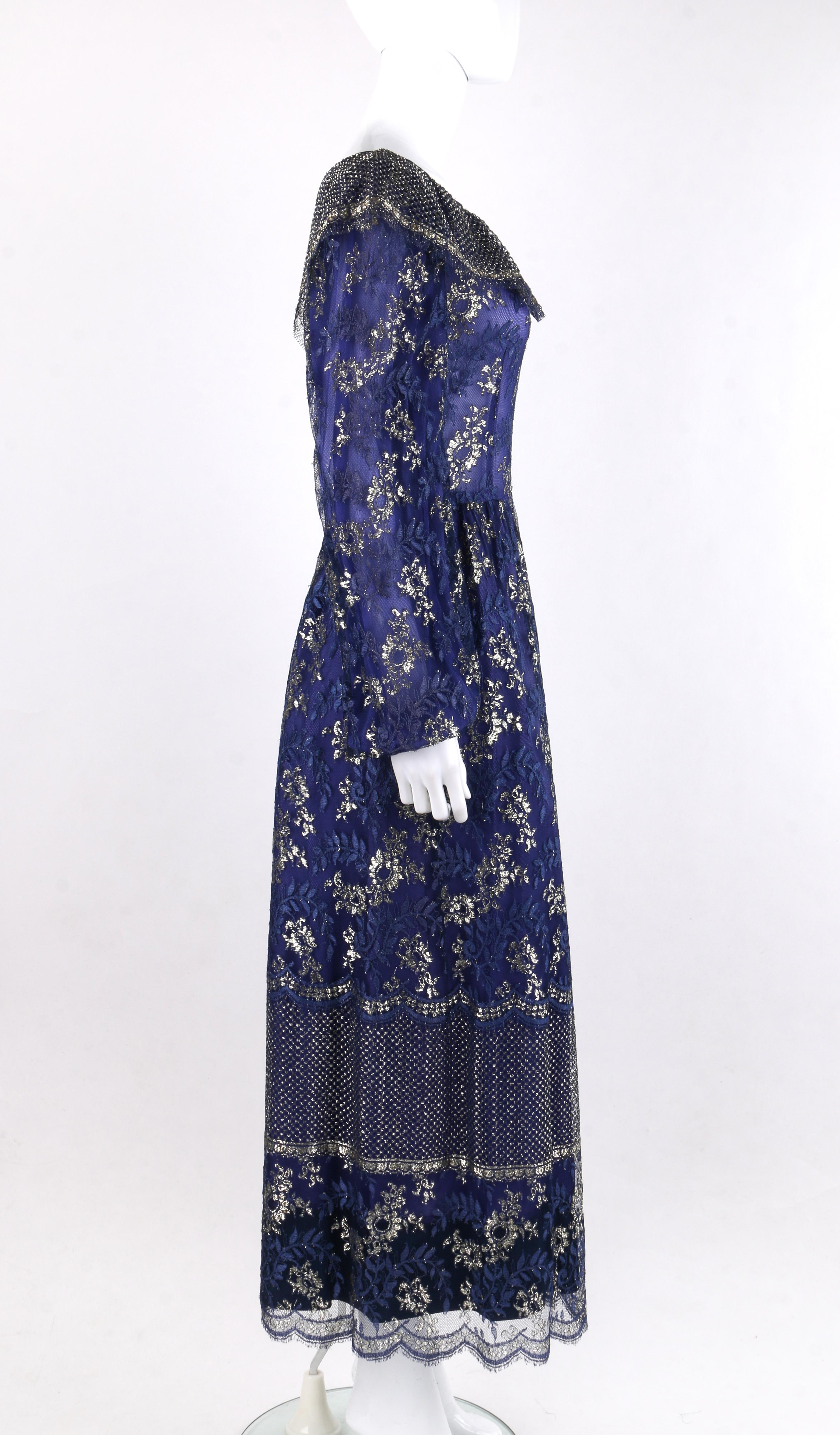 Purple LANVIN Haute Couture c.1970s Periwinkle Gold Floral Lace Overlay Maxi Dress For Sale
