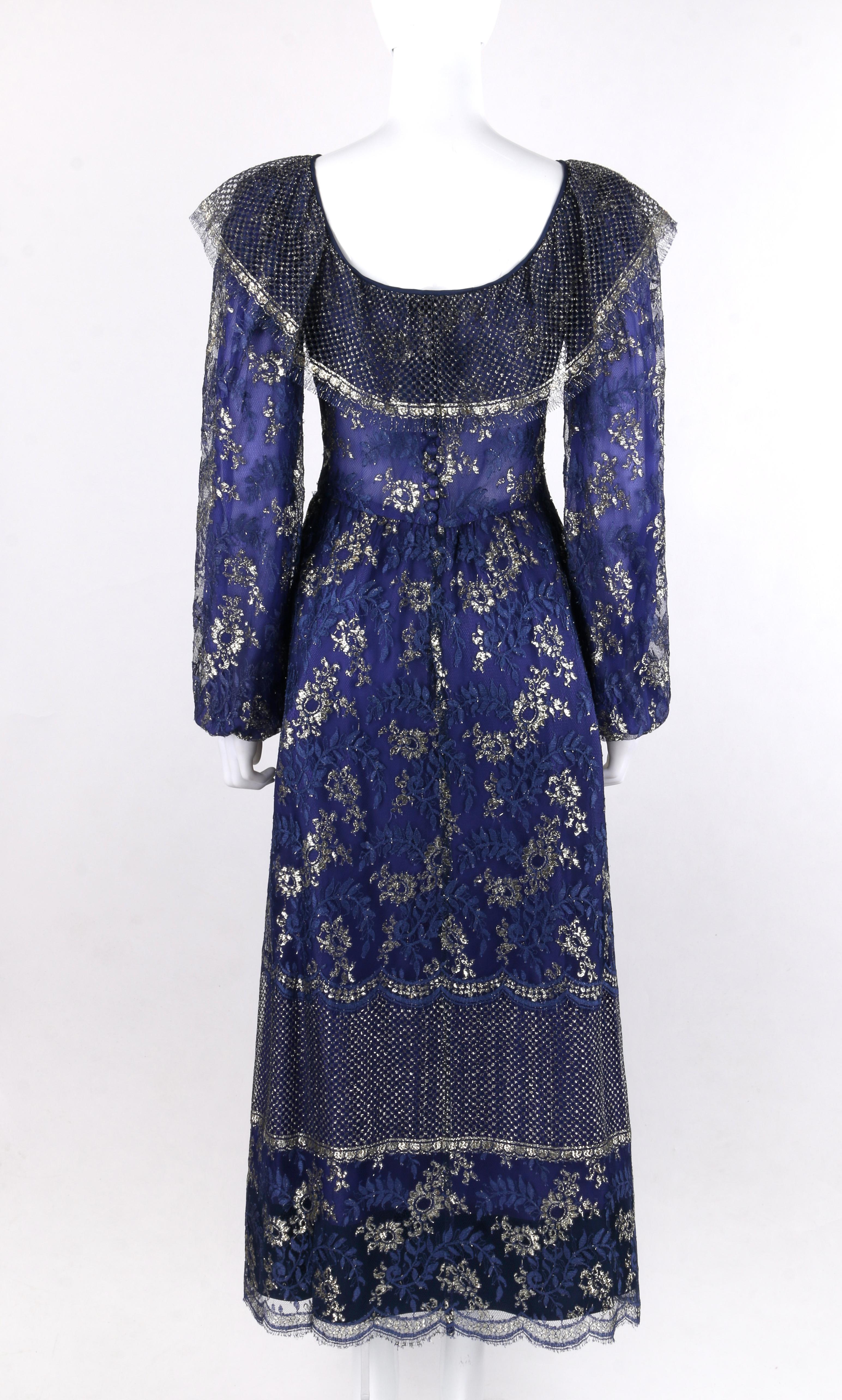LANVIN Haute Couture c.1970s Periwinkle Gold Floral Lace Overlay Maxi Dress In Good Condition For Sale In Thiensville, WI