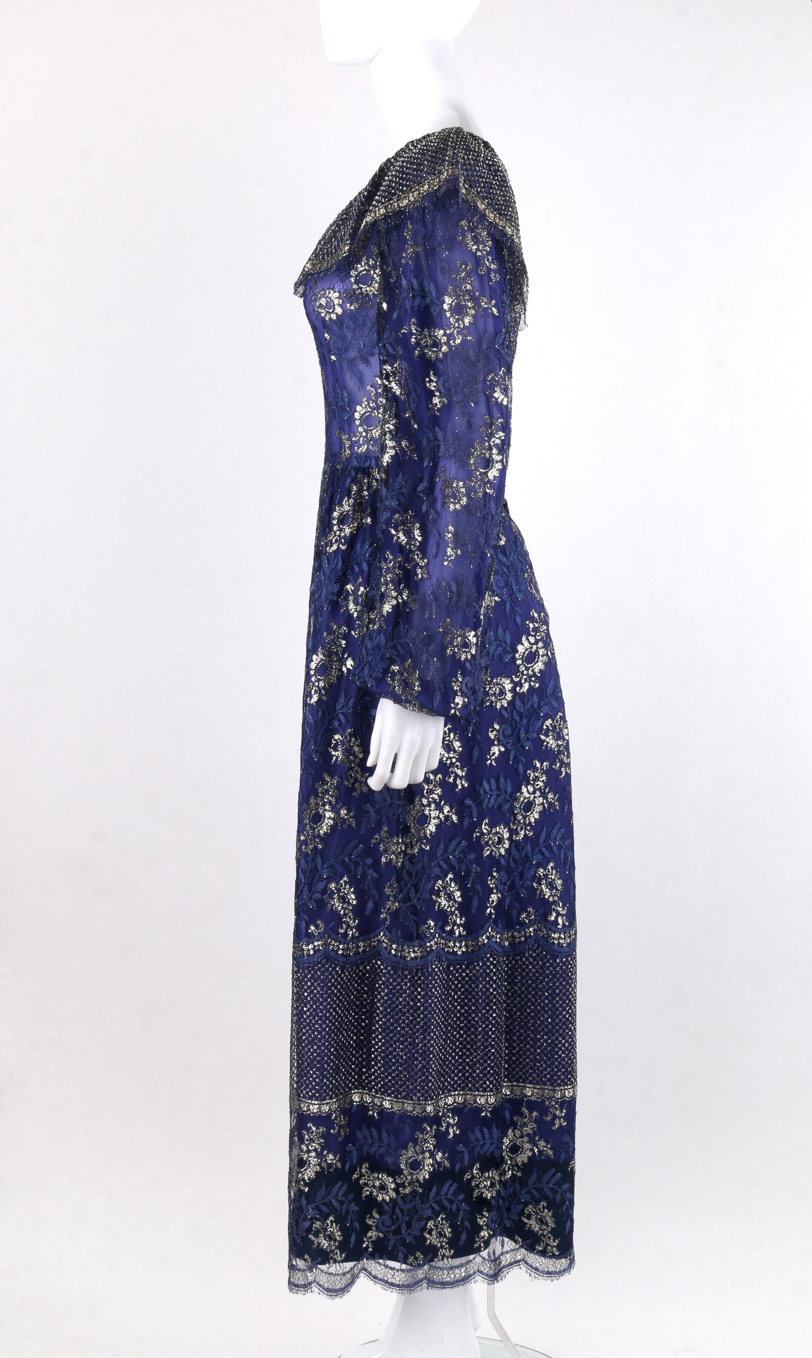 Women's LANVIN Haute Couture c.1970s Periwinkle Gold Floral Lace Overlay Maxi Dress For Sale