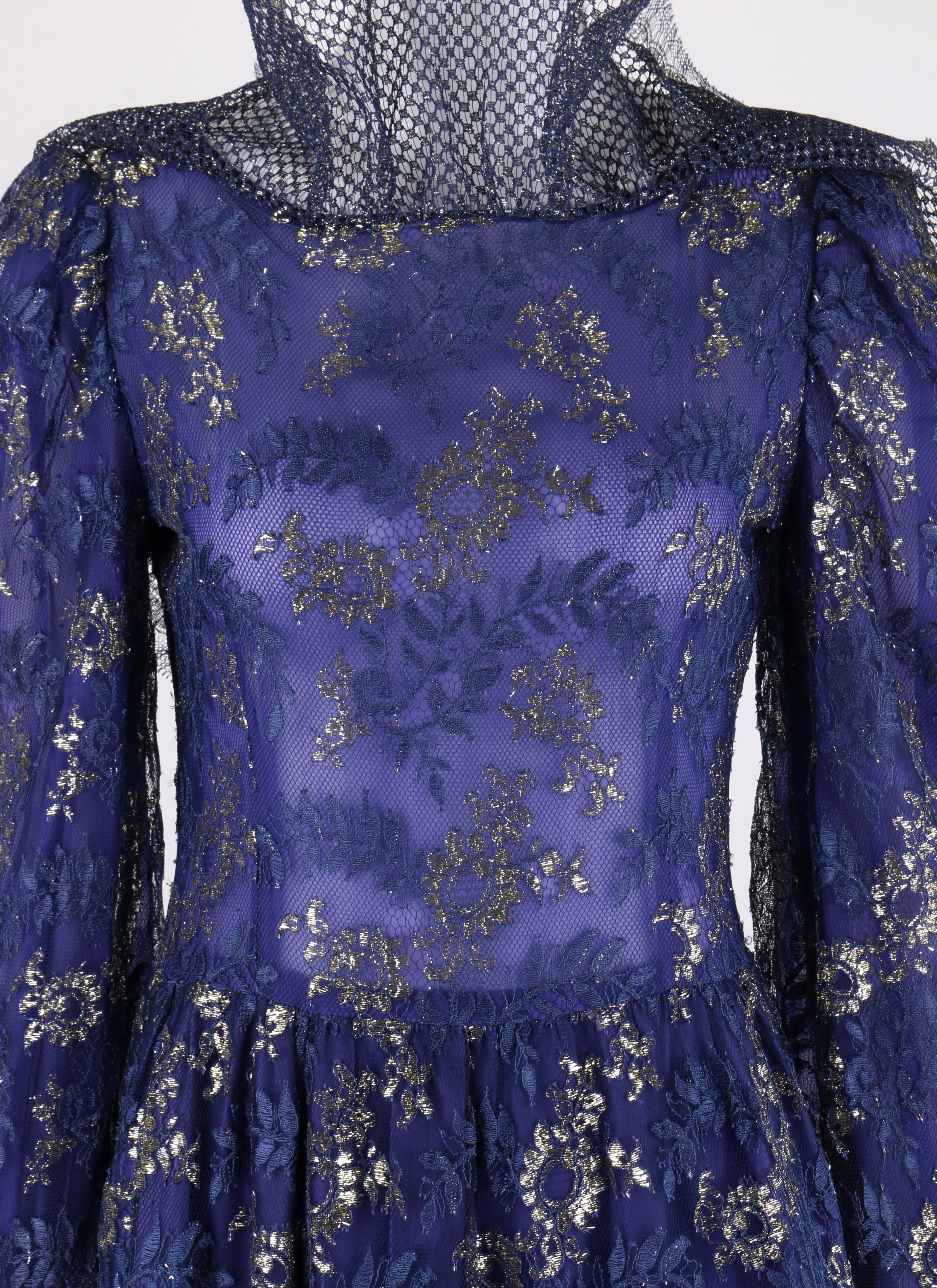 LANVIN Haute Couture c.1970s Periwinkle Gold Floral Lace Overlay Maxi Dress For Sale 1